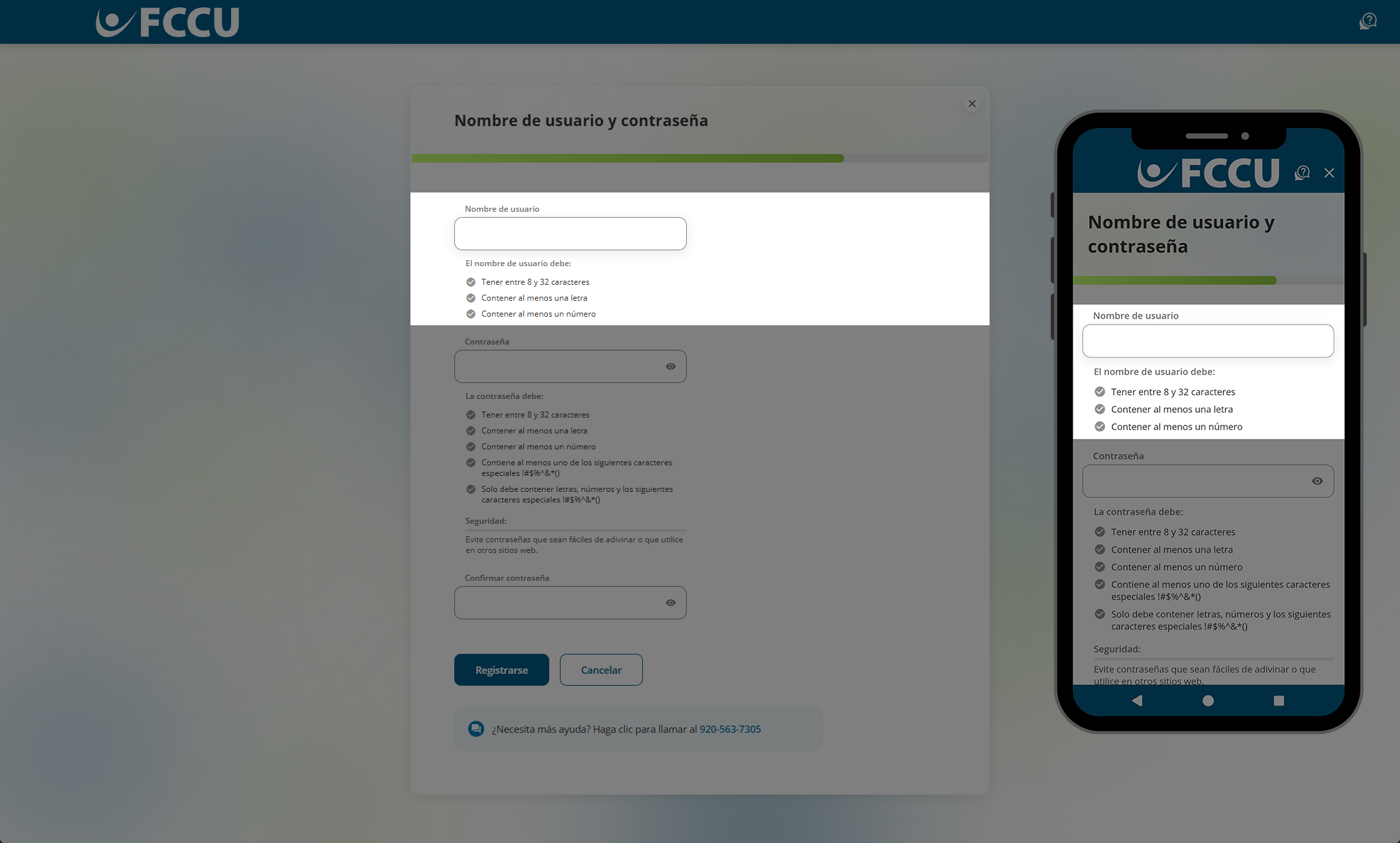 Captura de pantalla de la página 'Nombre de usuario y contraseña' de la banca digital.