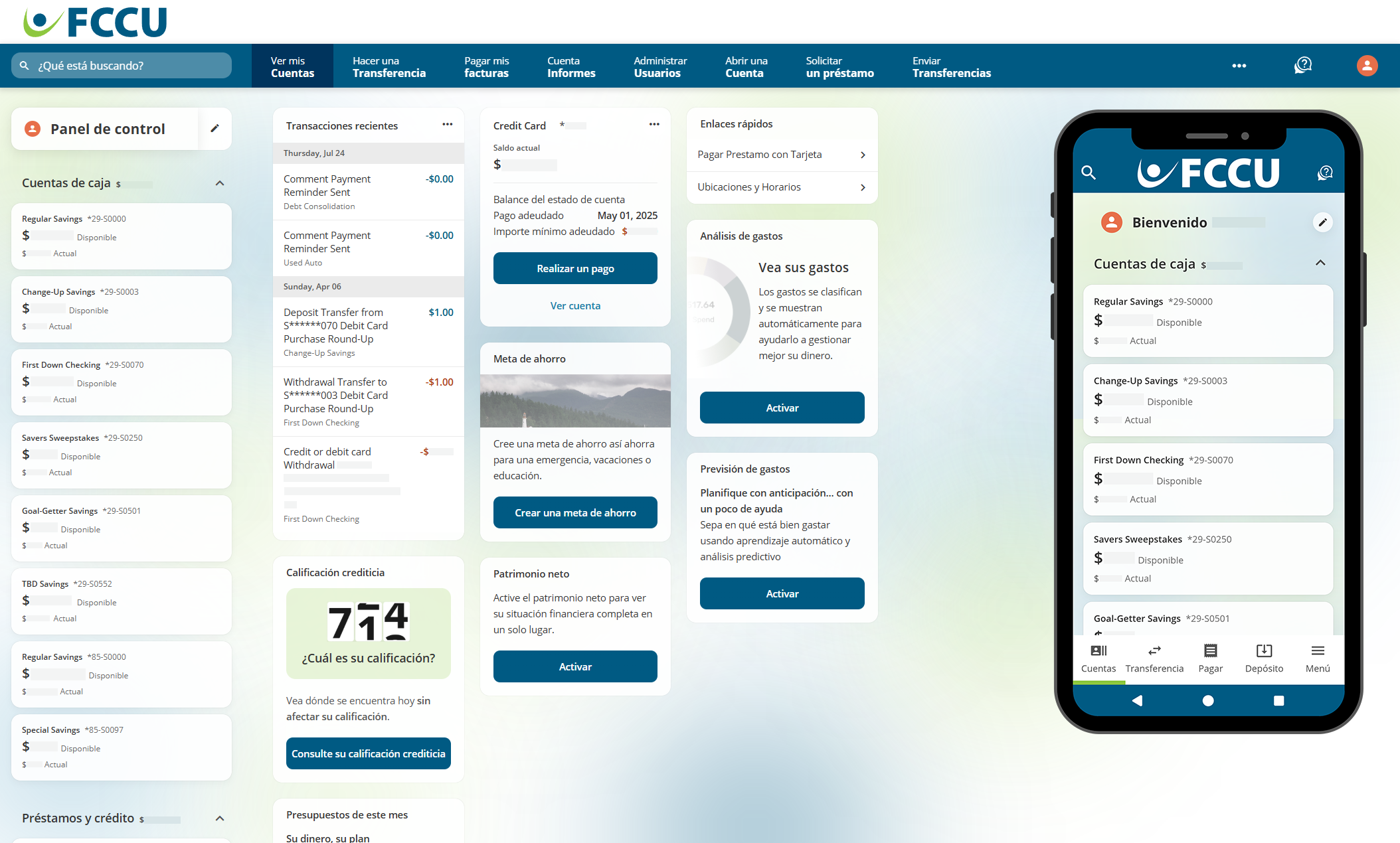 Captura de pantalla del panel de control de banca digital.