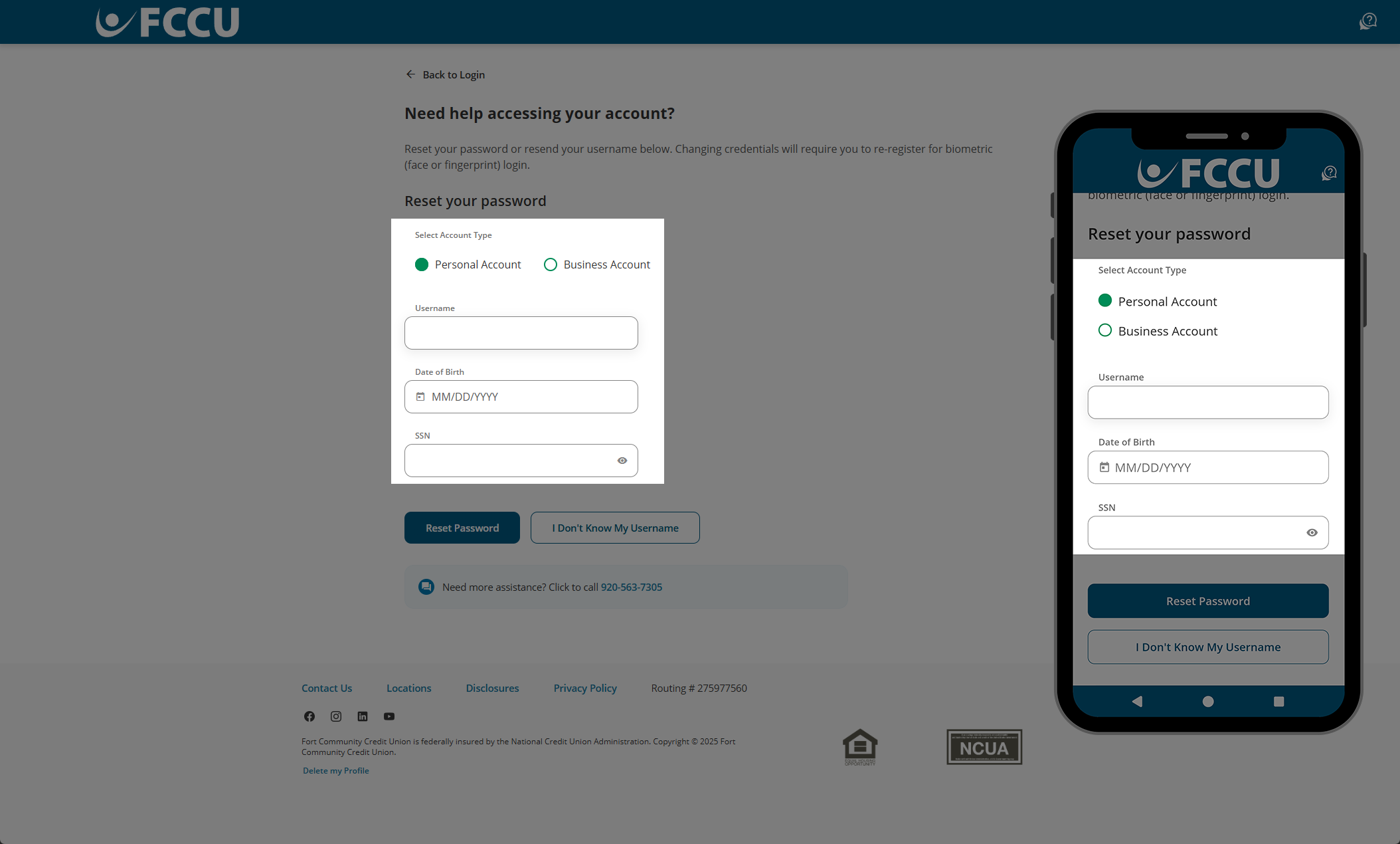 Screenshot of digital banking 'Need help accessing your account?' page.