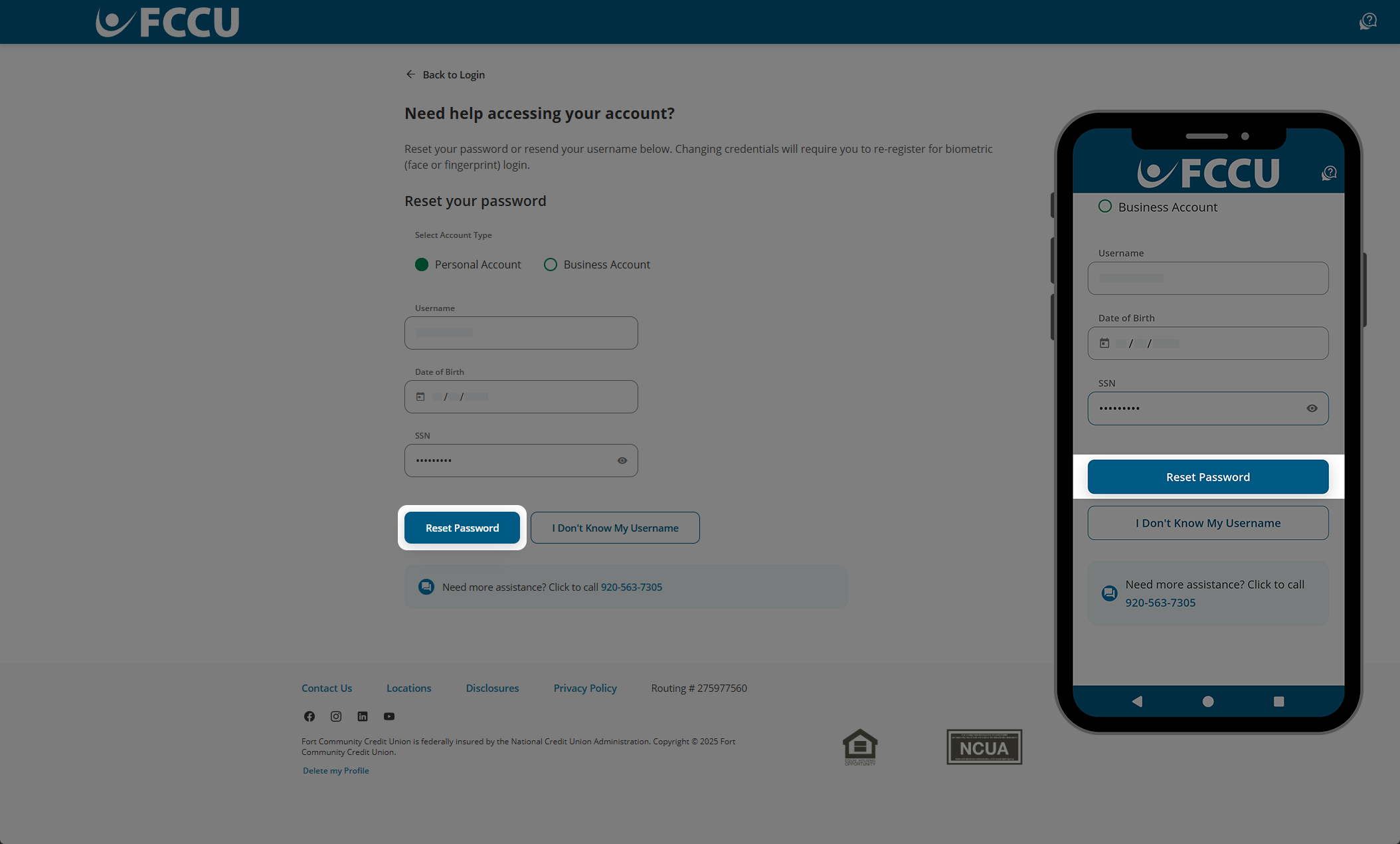 Screenshot of digital banking 'Need help accessing your account?' page.