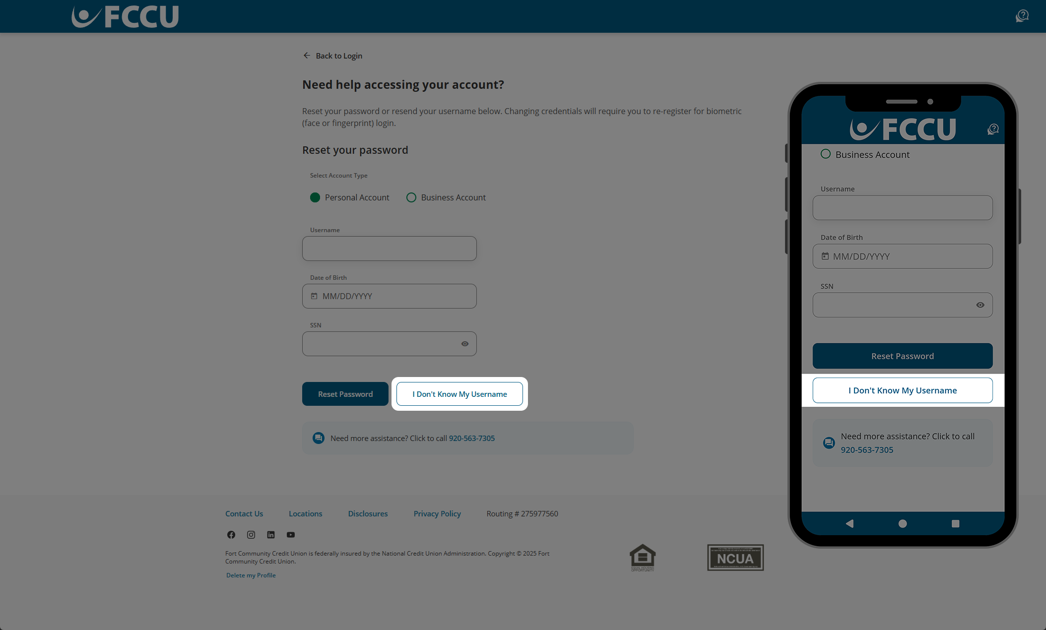 Screenshot of digital banking 'Need help accessing your account?' page.
