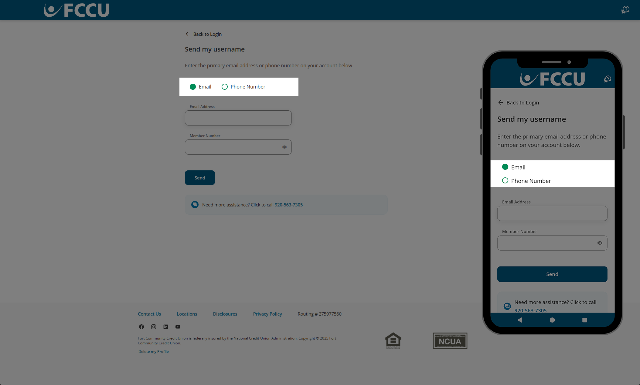 Screenshot of digital banking 'Send my username' page.