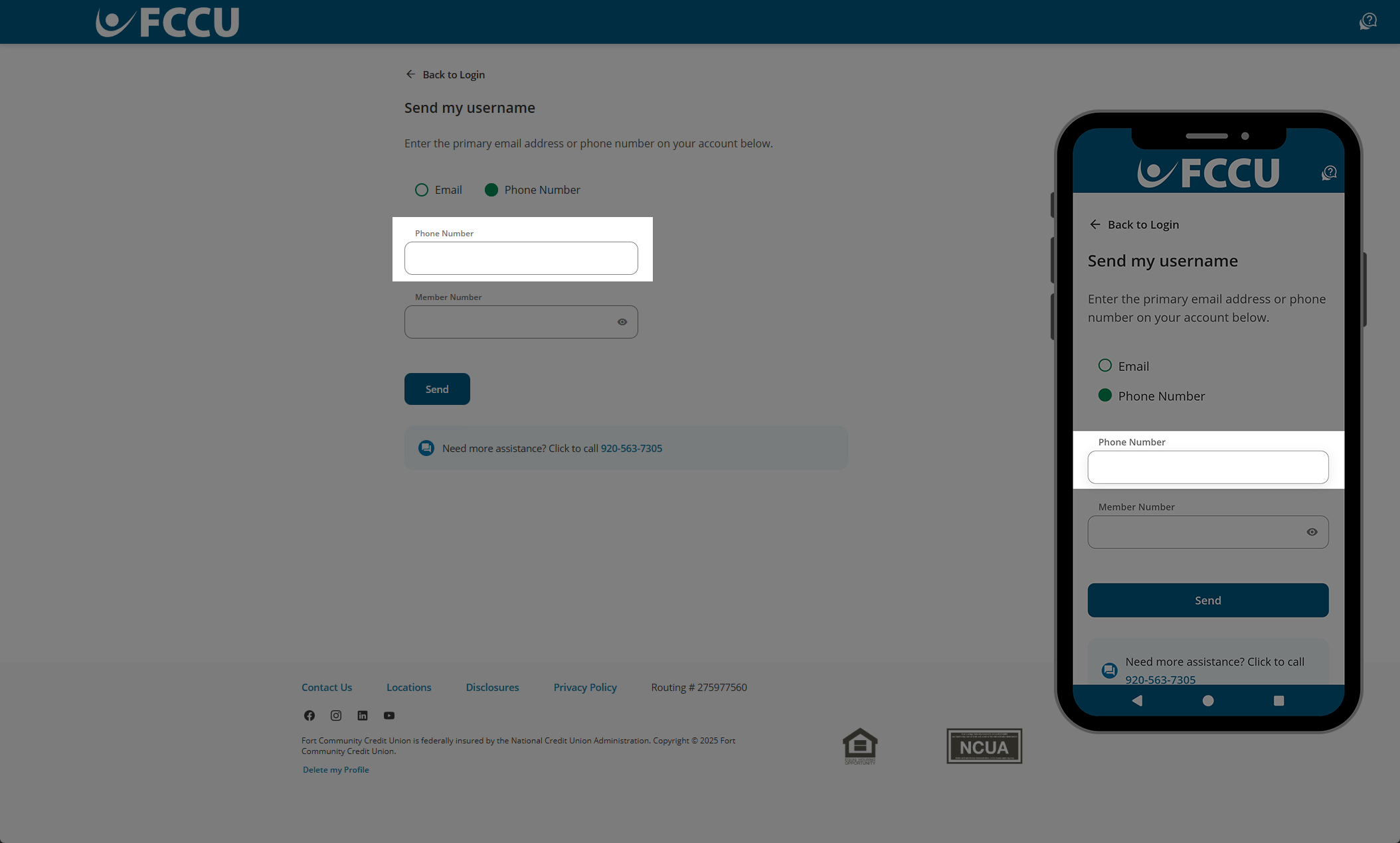 Screenshot of digital banking 'Send my username' page.
