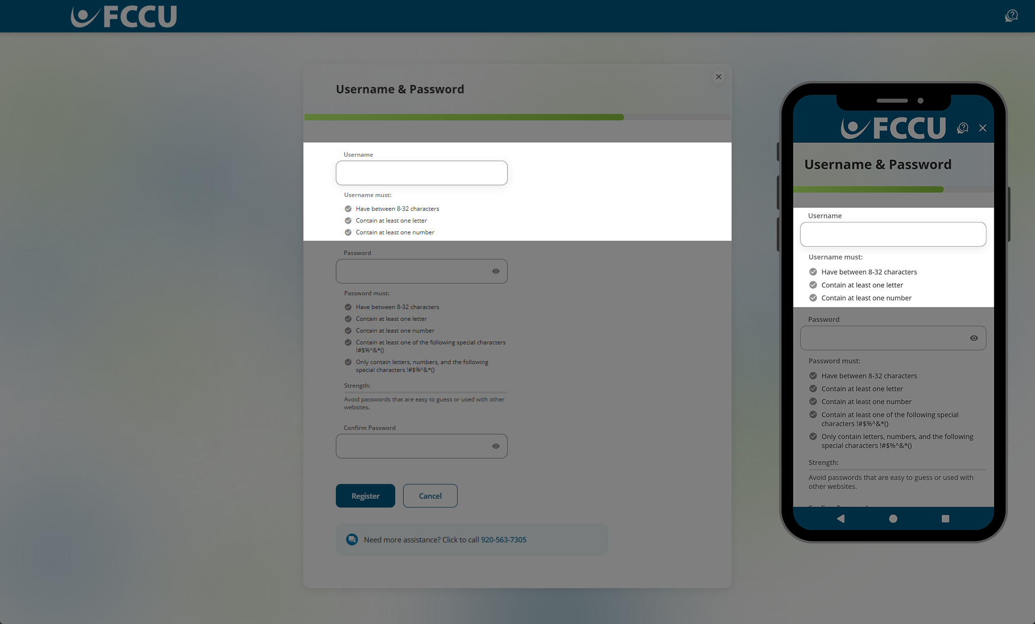 Screenshot of digital banking 'Username & Password' page.