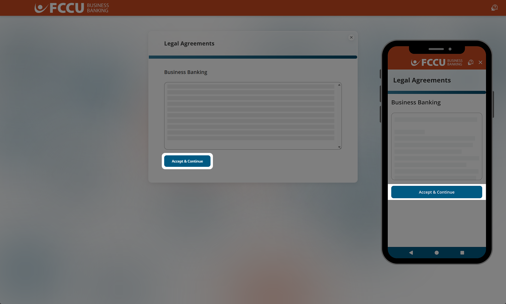 Screenshot of digital banking 'Legal Agreements' page.