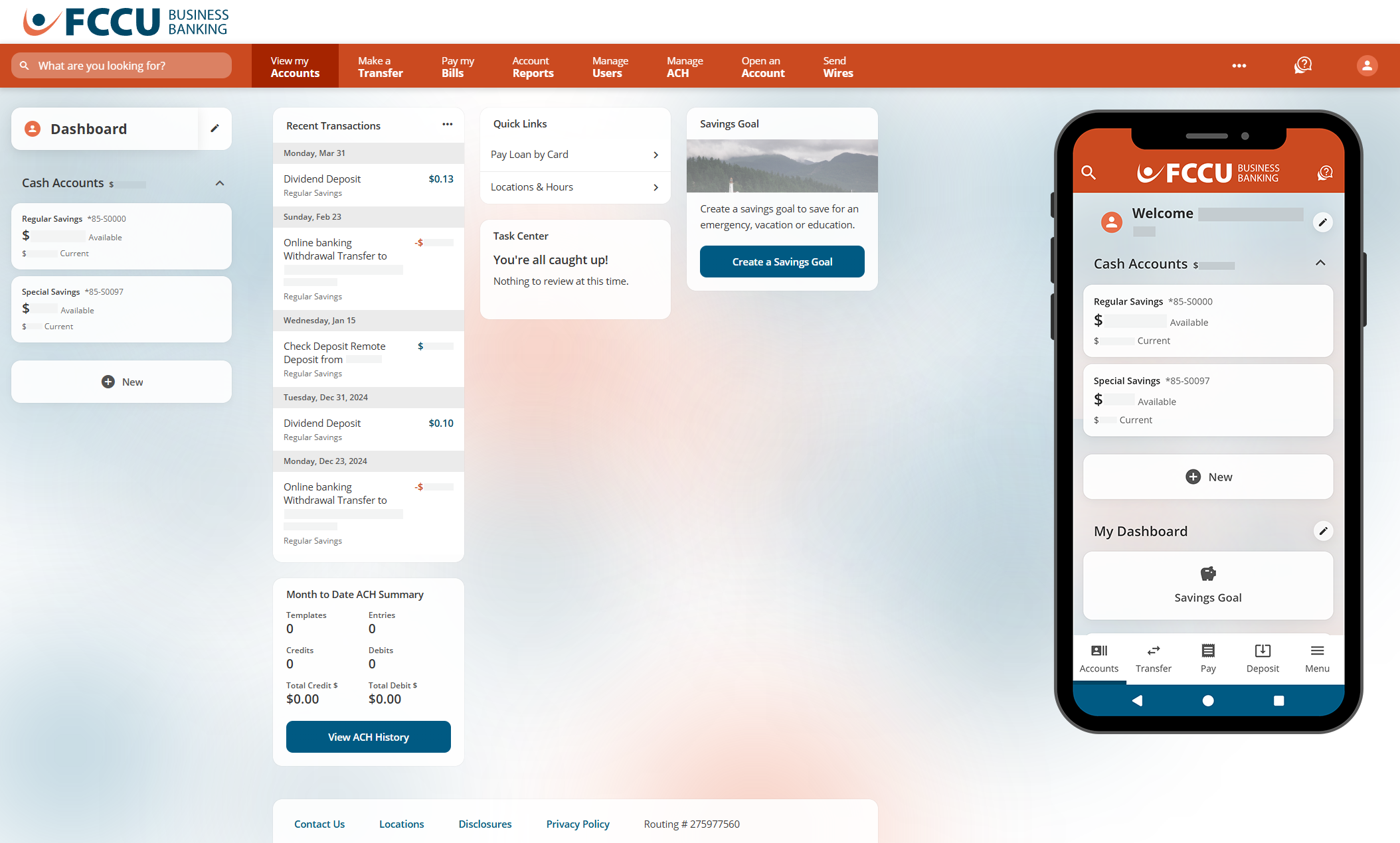 Screenshot of digital banking business account dashboard.