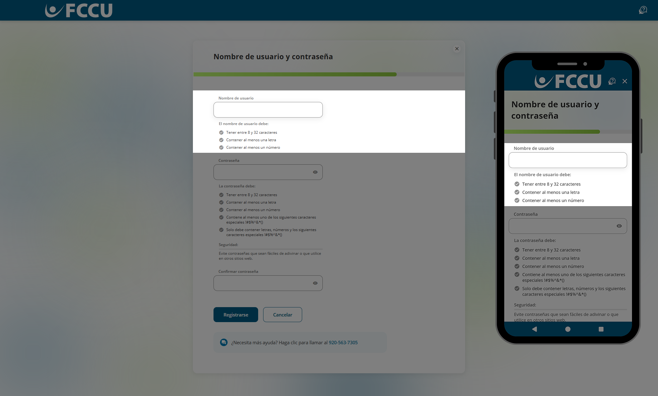Captura de pantalla de la página 'Nombre de usuario y contraseña' de la banca digital.