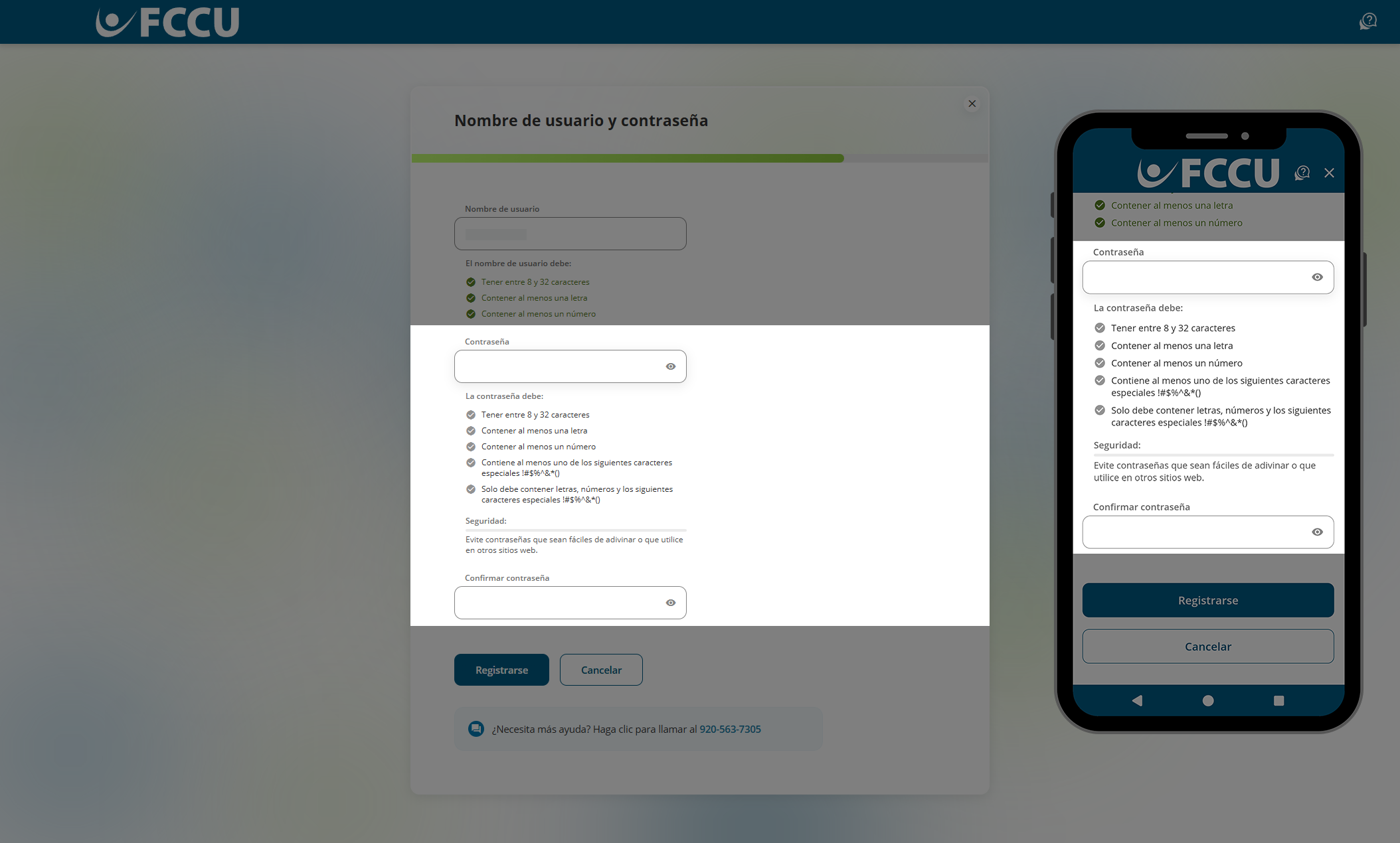 Captura de pantalla de la página 'Nombre de usuario y contraseña' de la banca digital.