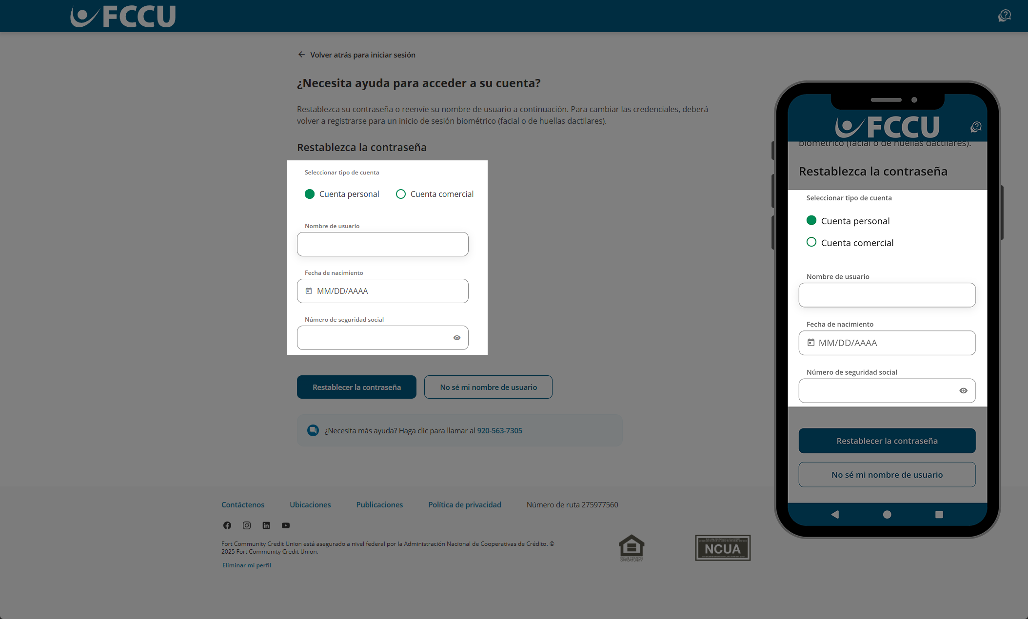 Captura de pantalla de la página de banca digital '¿Necesita ayuda para acceder a su cuenta?'