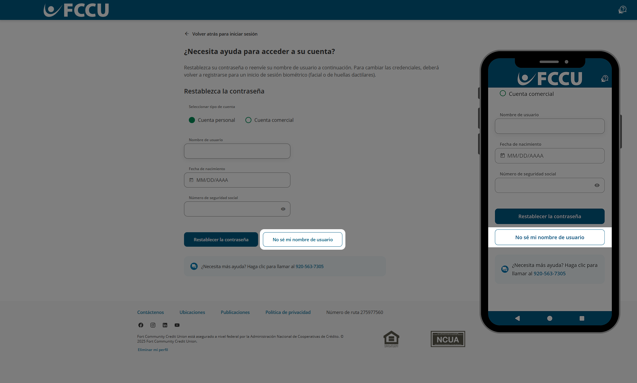 Captura de pantalla de la página de banca digital '¿Necesita ayuda para acceder a su cuenta?'