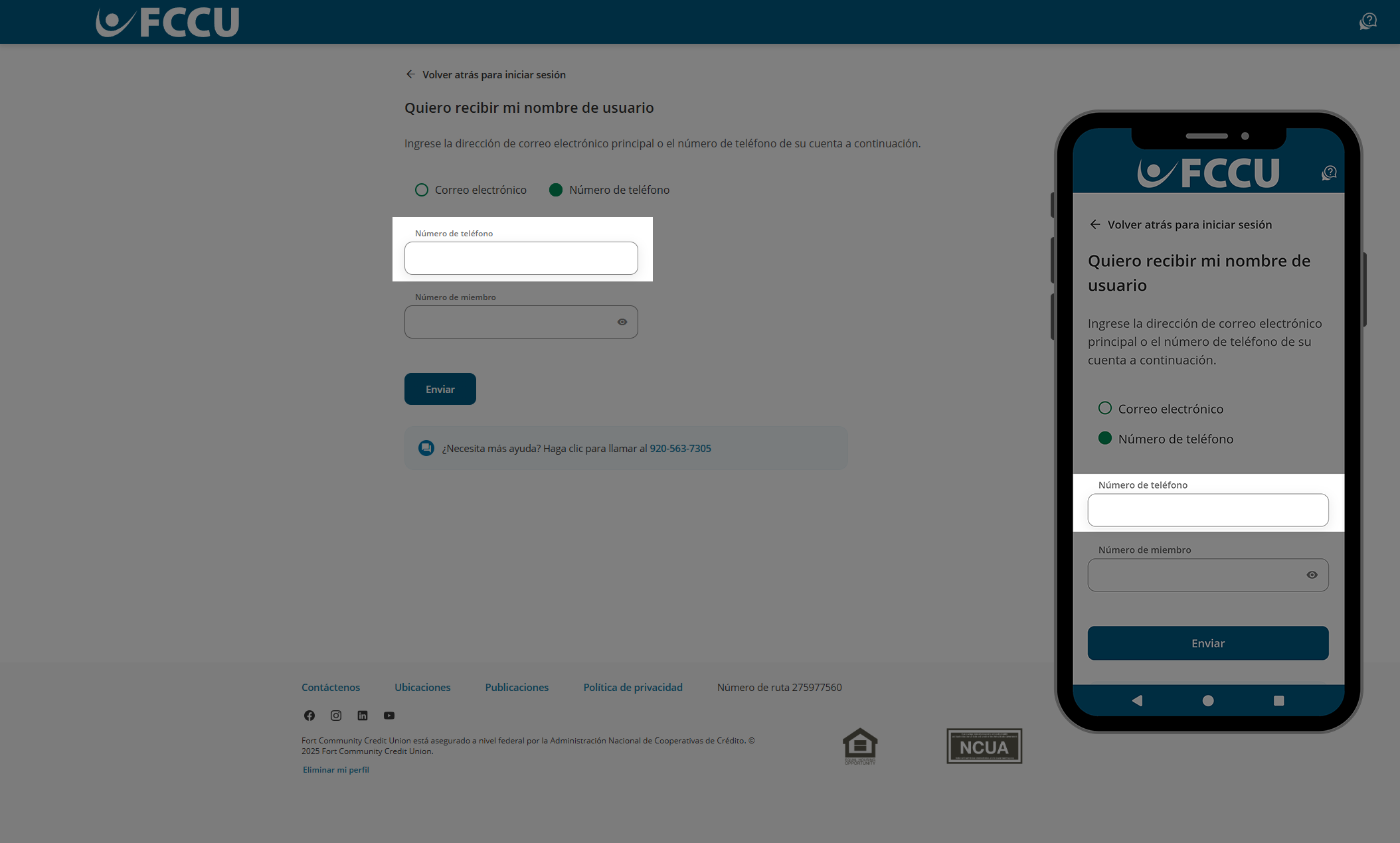 Captura de pantalla de la página de banca digital 'Quiero recibir mi nombre de usuario'