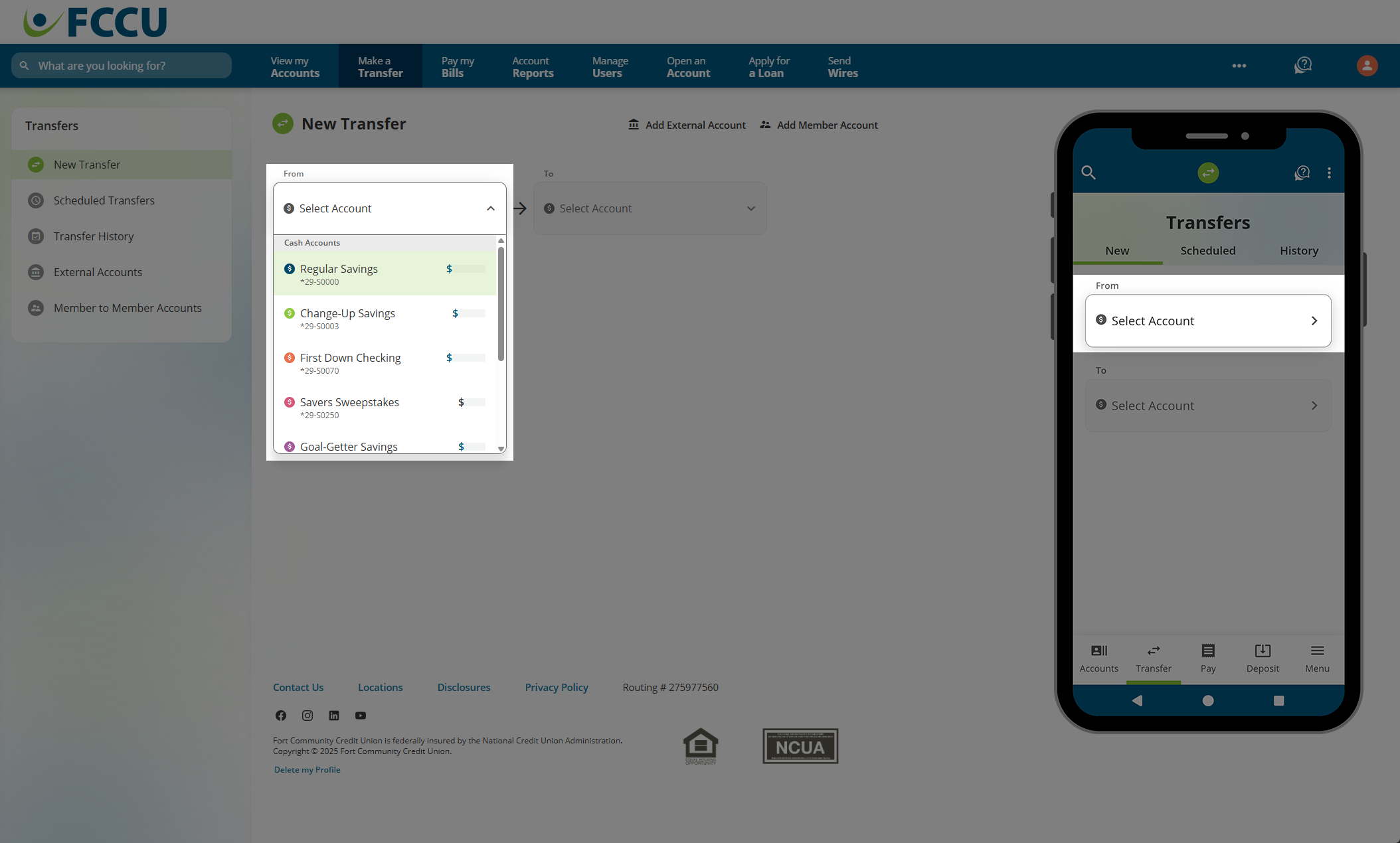 Screenshot of digital banking 'New Transfer' page.