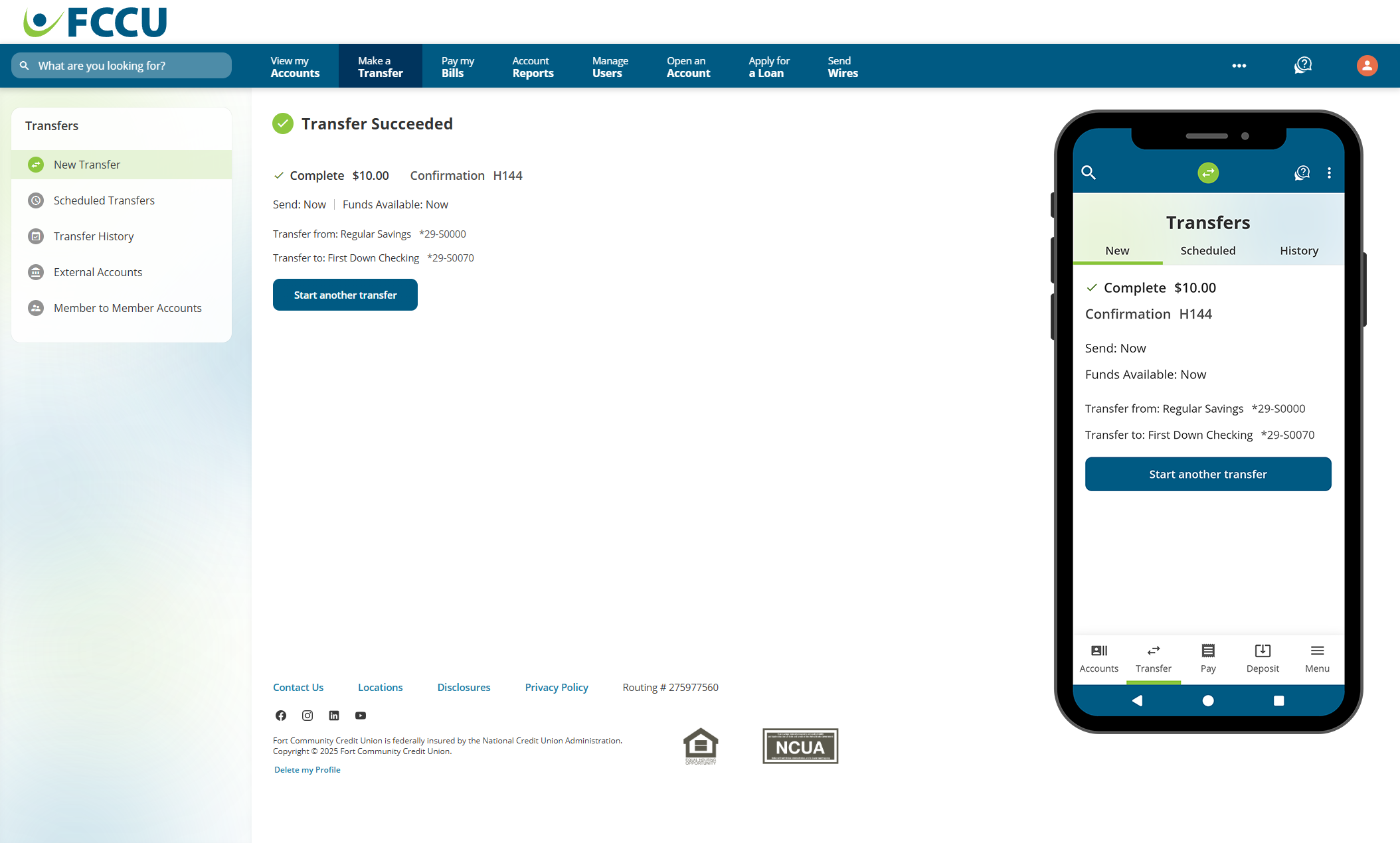 Screenshot of digital banking 'Transfer Succeeded' page.