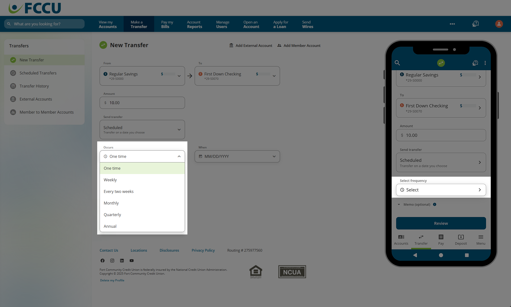 Screenshot of digital banking 'New Transfer' page.