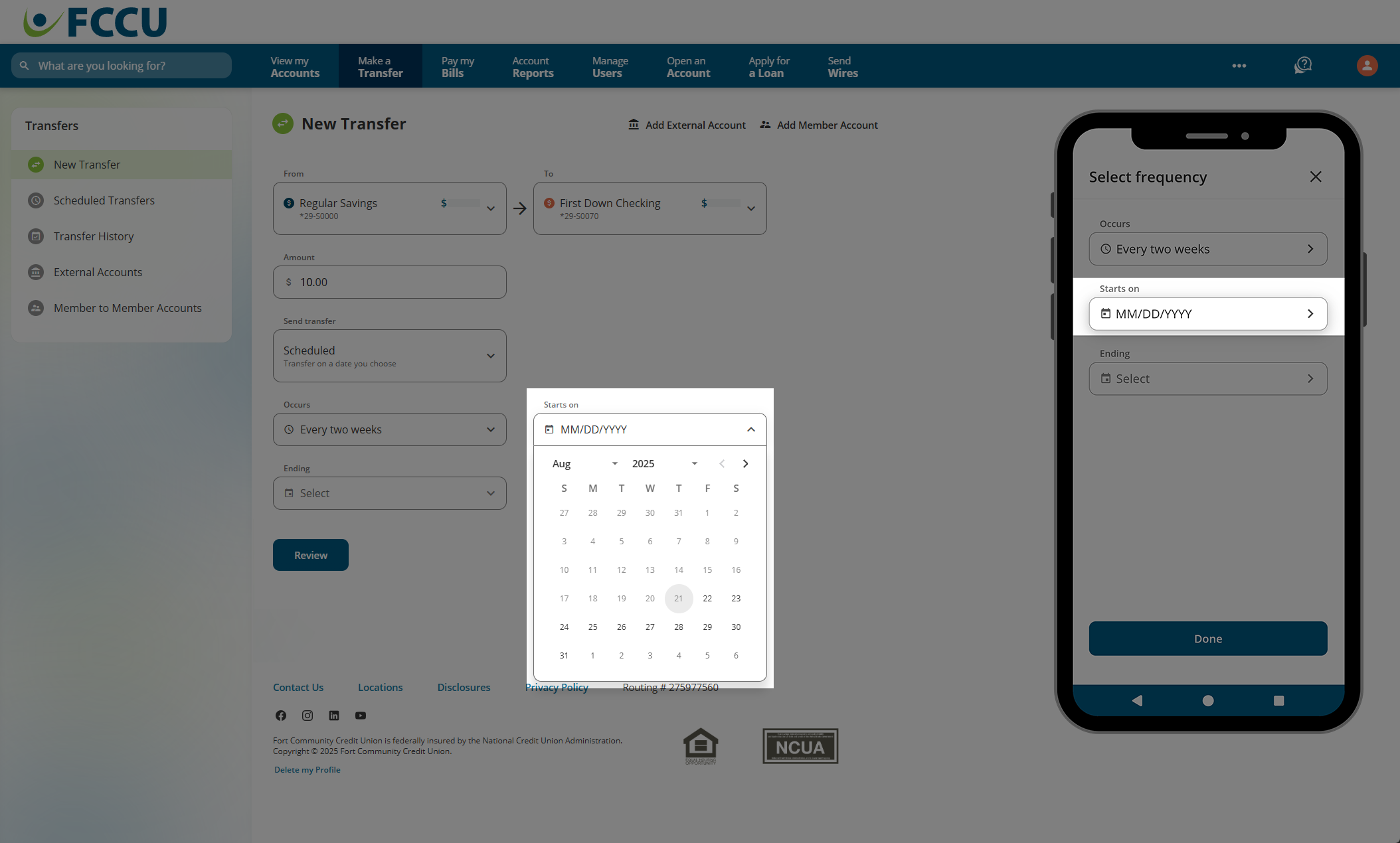 Screenshot of digital banking 'New Transfer' page.
