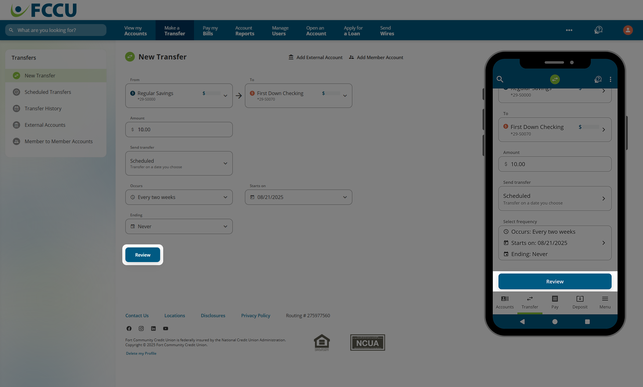 Screenshot of digital banking 'New Transfer' page.