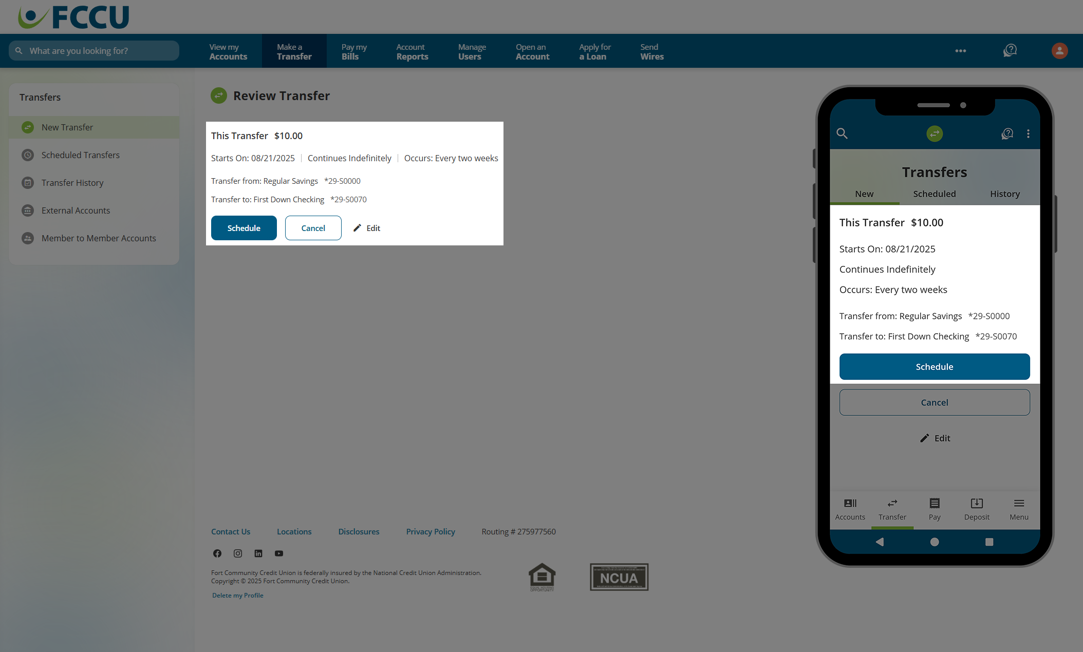 Screenshot of digital banking 'Review Transfer' page.