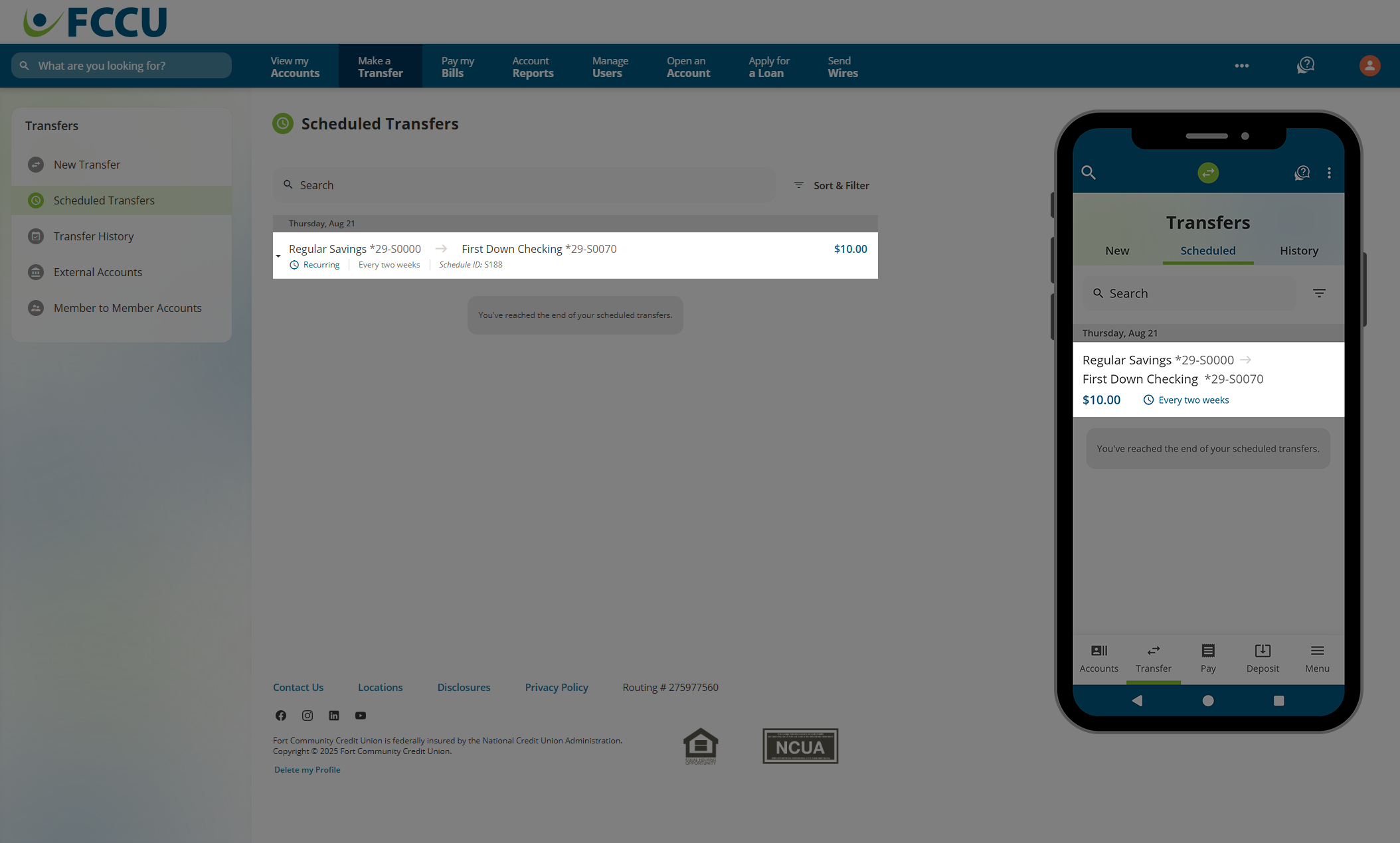 Screenshot of digital banking 'Scheduled Transfers' page.