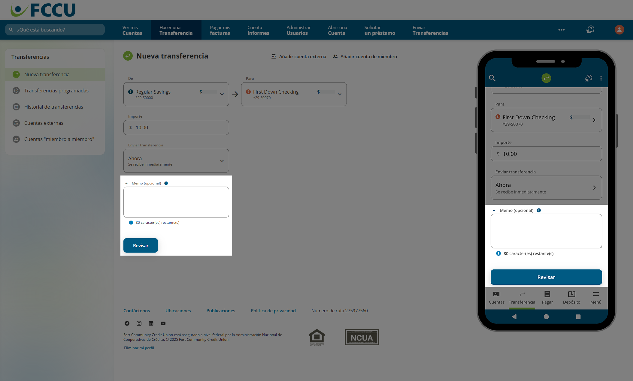 Captura de pantalla de la página 'Nueva transferencia' de banca digital.