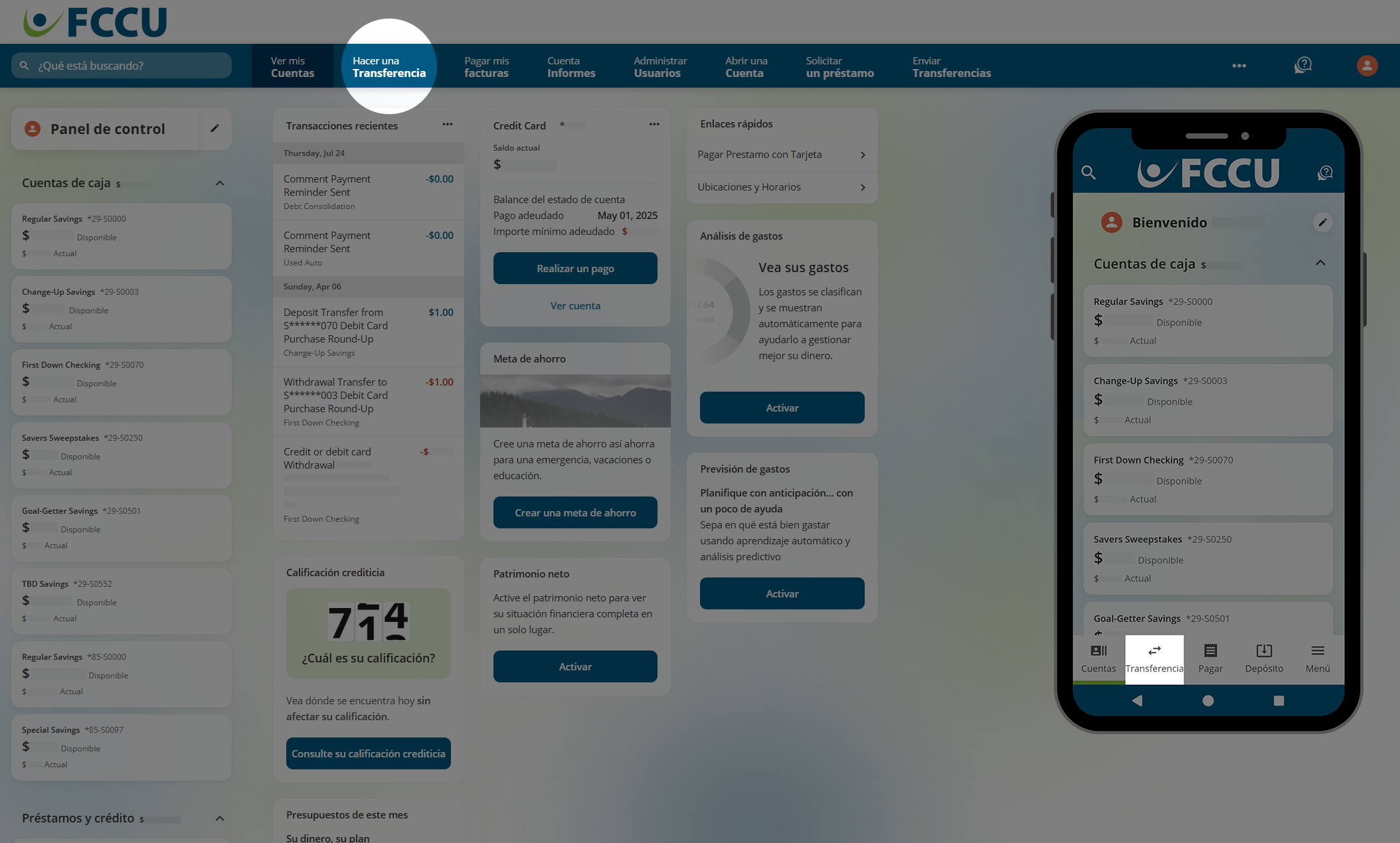 Captura de pantalla del panel de control de la cuenta bancaria digital.