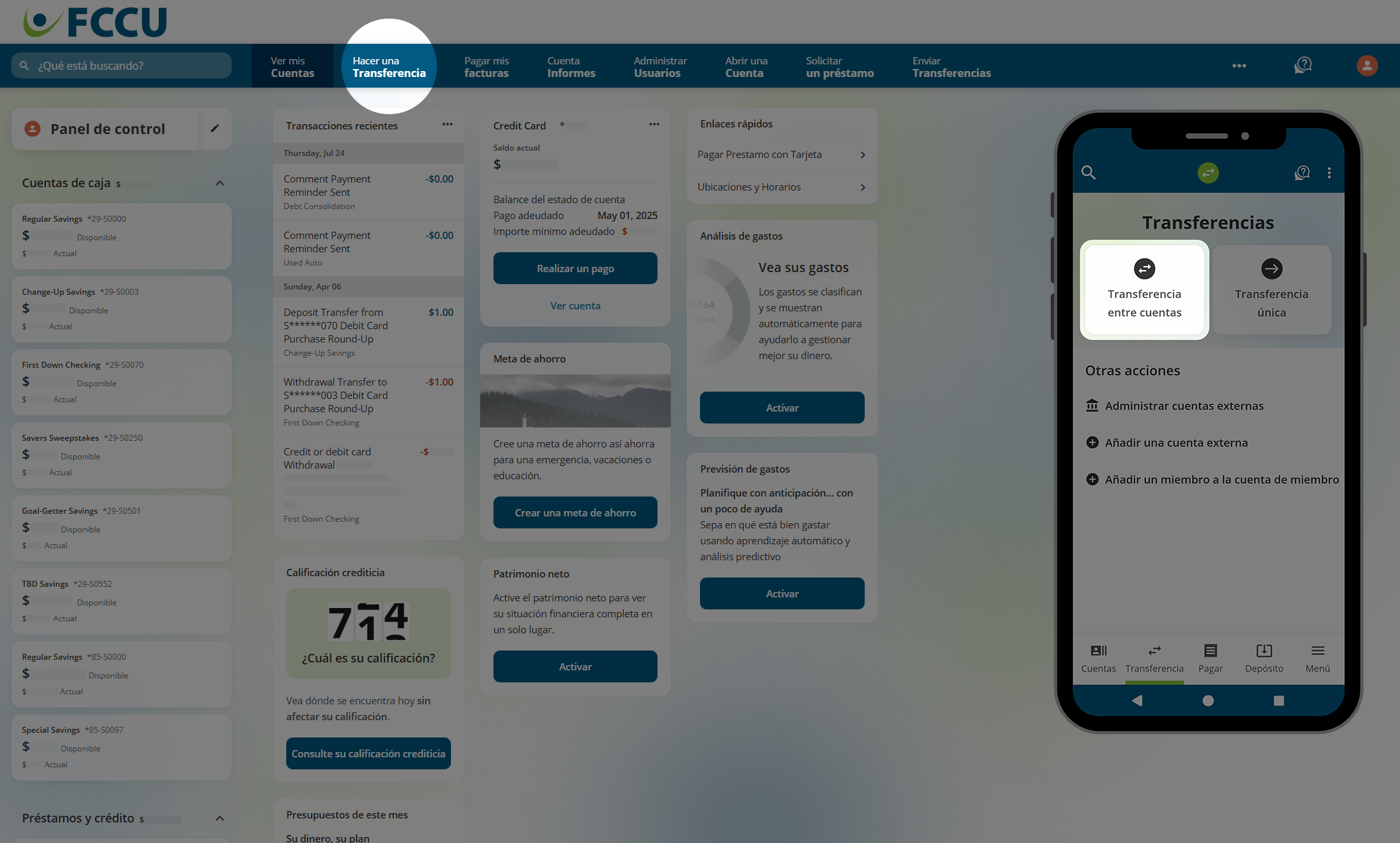Captura de pantalla del panel de control de la cuenta bancaria digital.