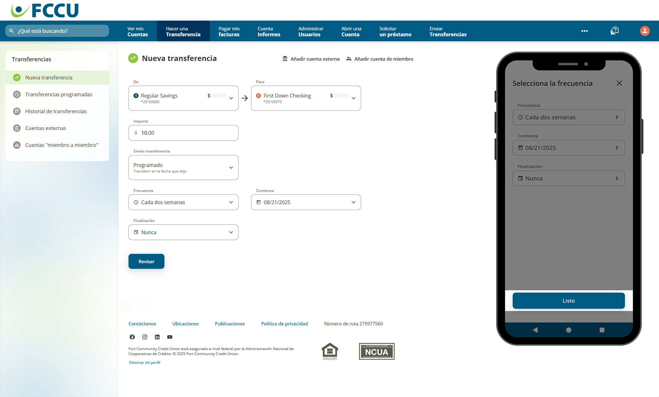 Captura de pantalla de la página 'Nueva transferencia' de banca digital.