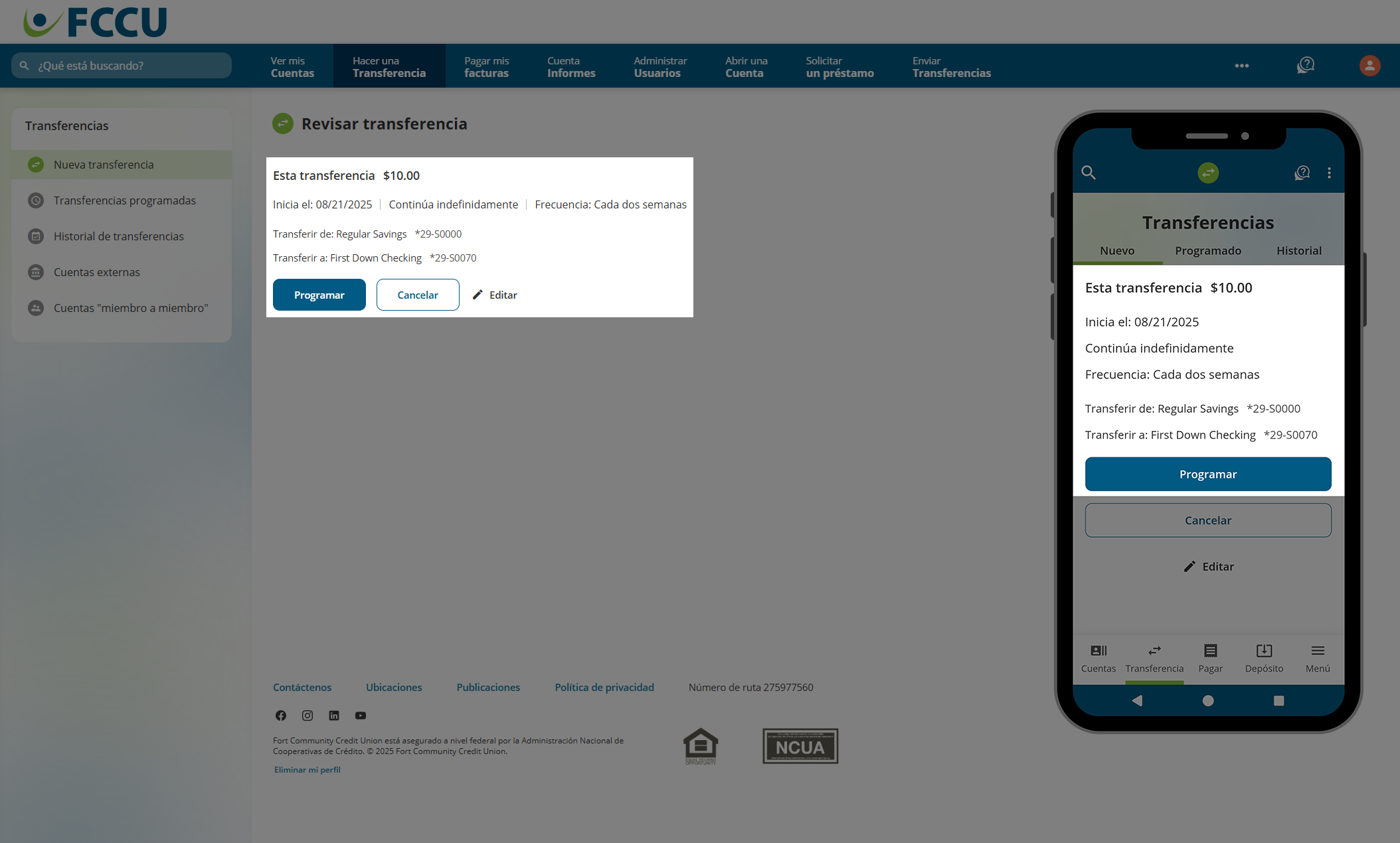 Captura de pantalla de la página 'Revisar transferencia' de banca digital.