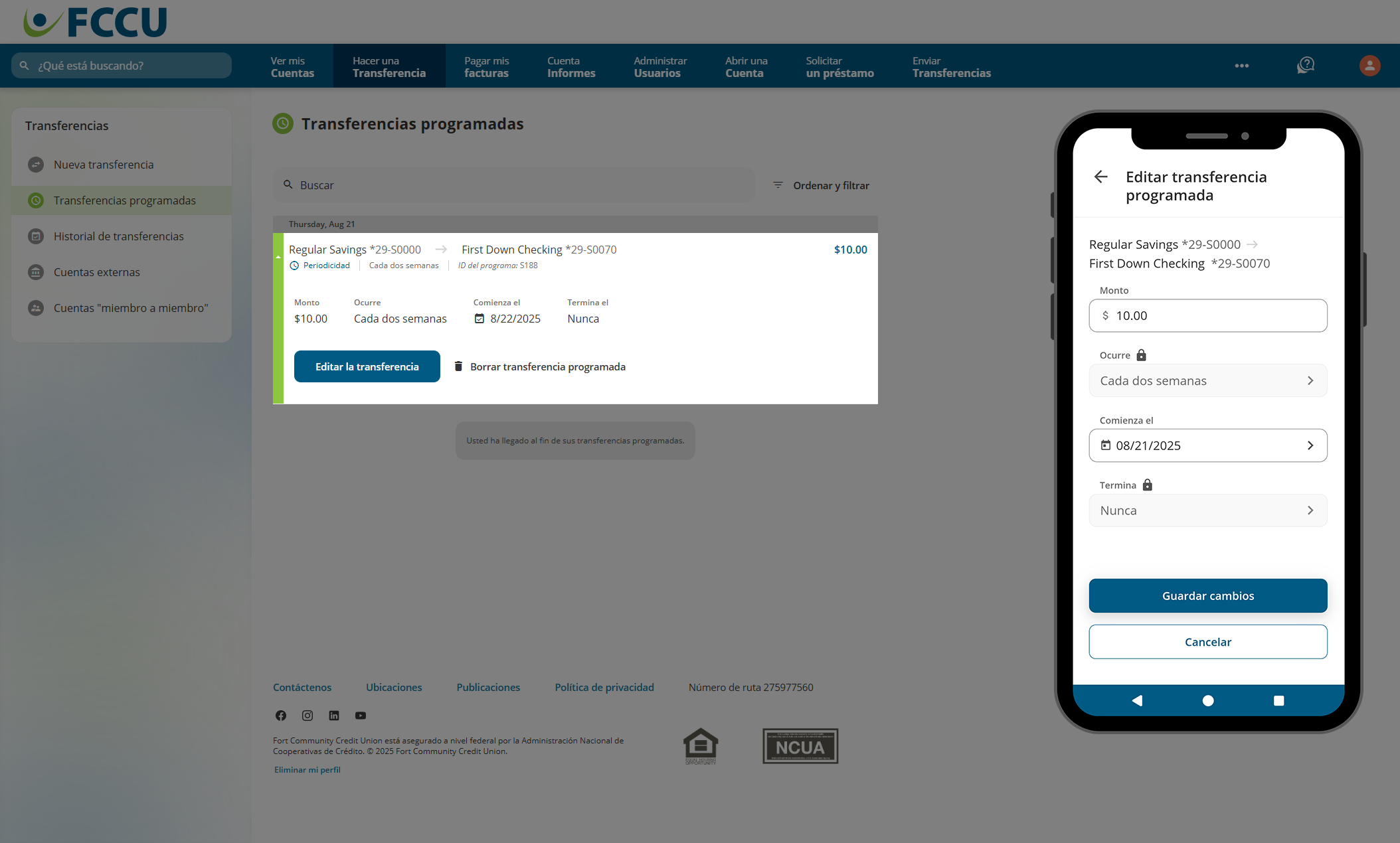 Captura de pantalla de la página 'Transferencias programadas' de la banca digital.