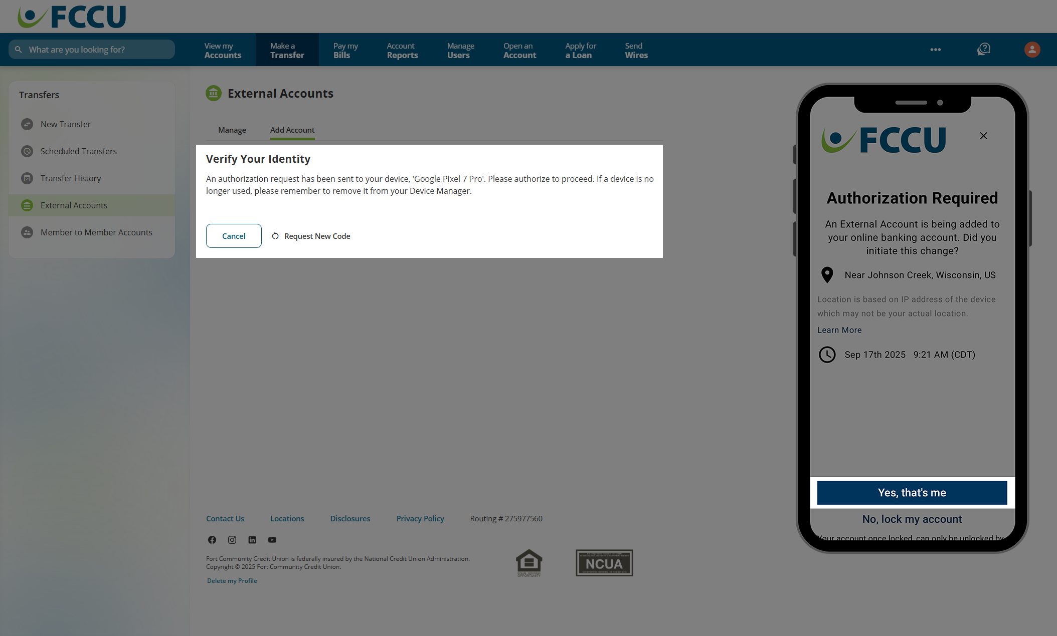 Screenshot of digital banking 'External Accounts' page.