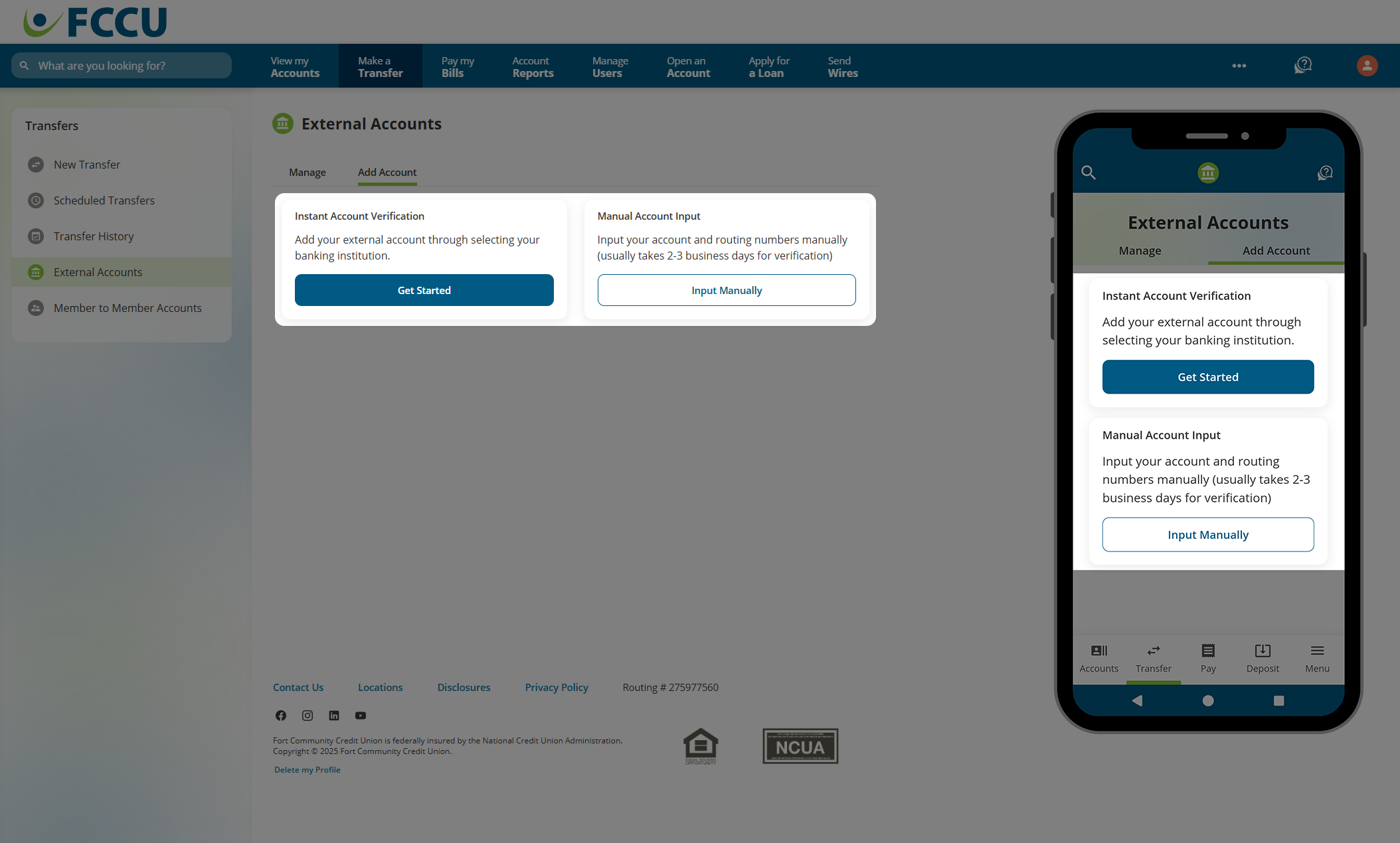 Screenshot of digital banking 'External Accounts' page.
