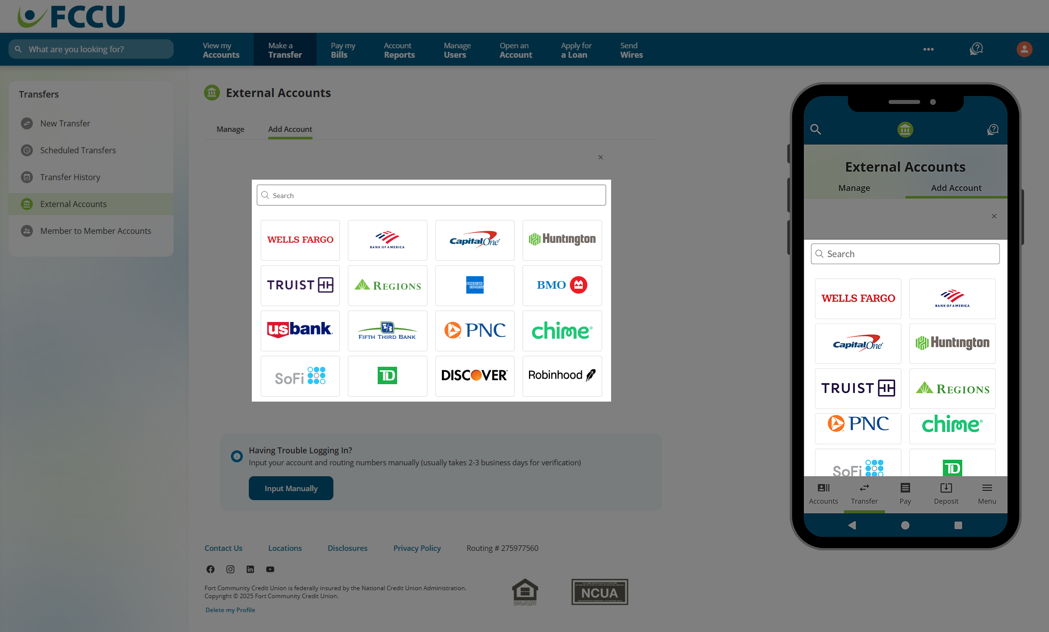 Screenshot of digital banking 'External Accounts' page.