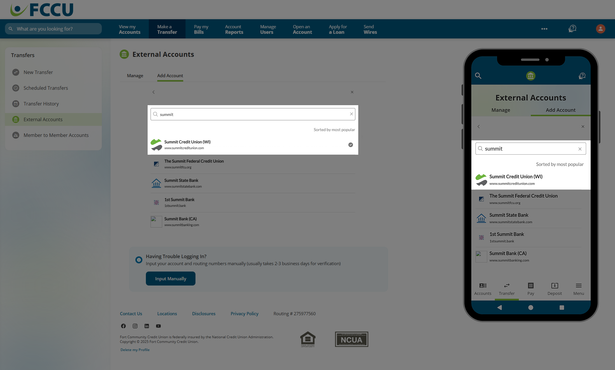Screenshot of digital banking 'External Accounts' page.