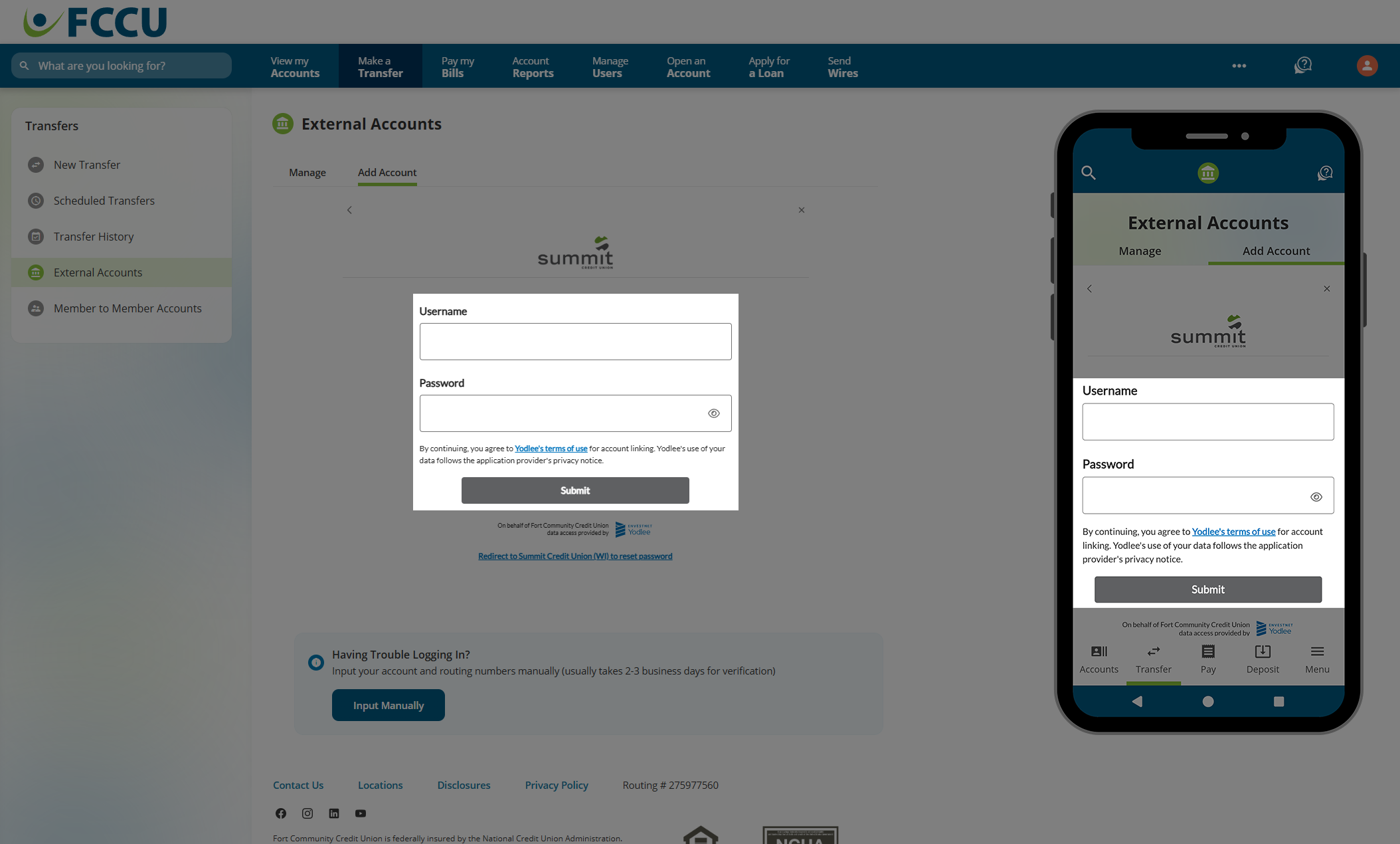 Screenshot of digital banking 'External Accounts' page.