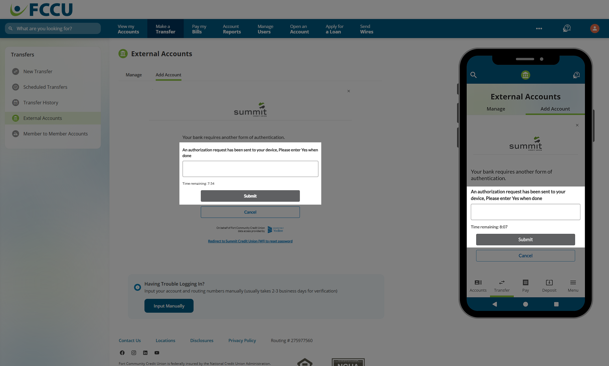 Screenshot of digital banking 'External Accounts' page.
