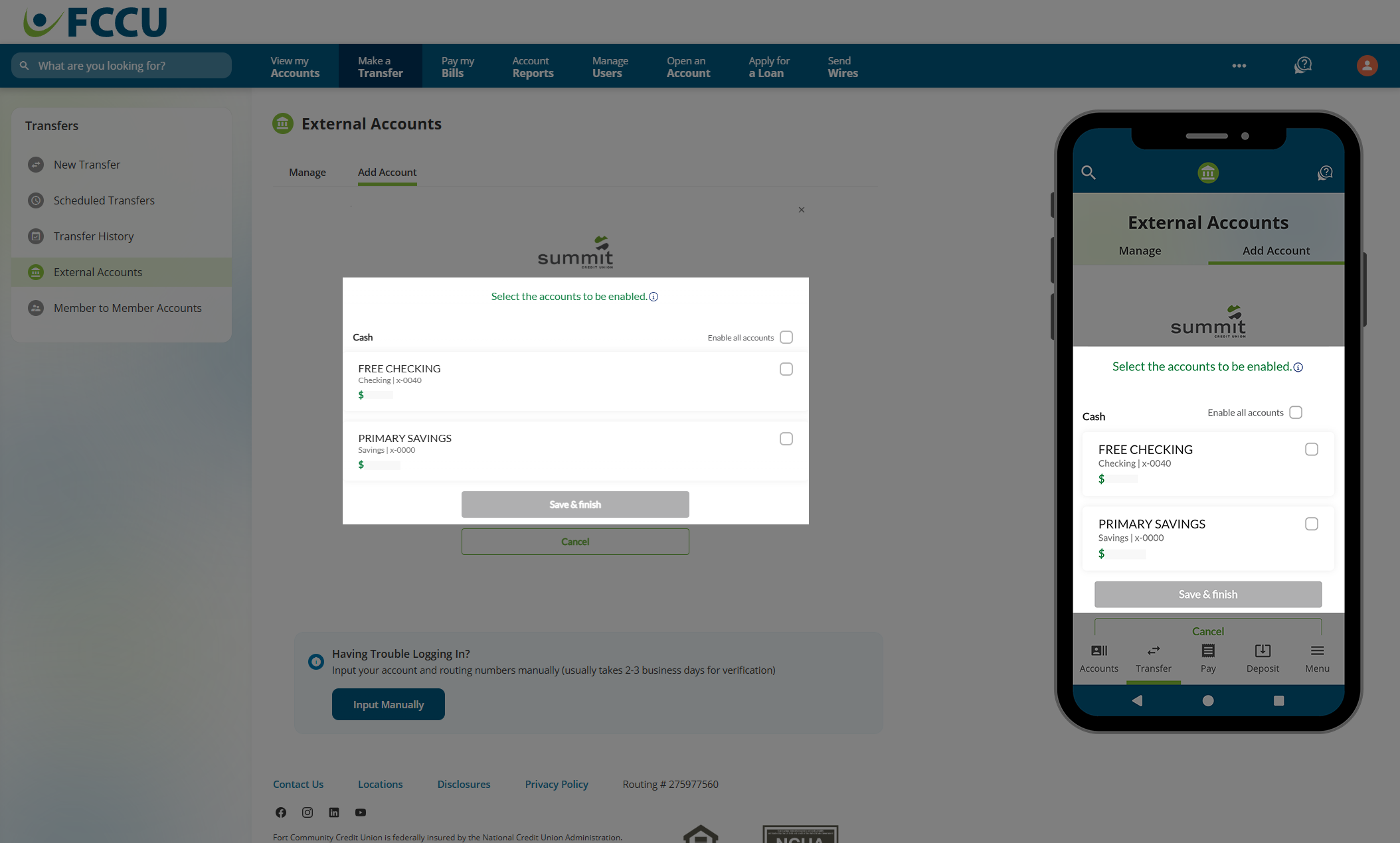 Screenshot of digital banking 'External Accounts' page.