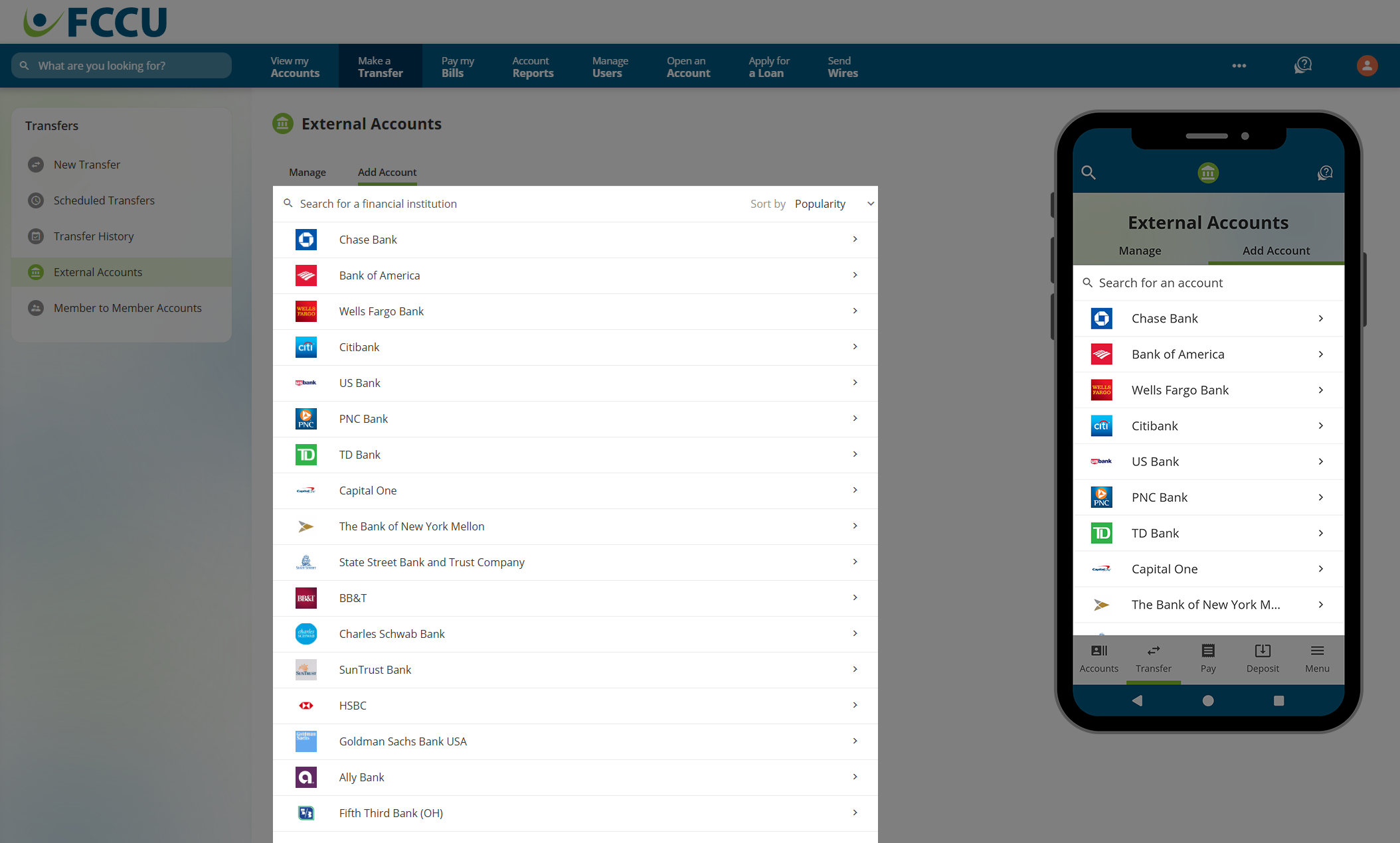 Screenshot of digital banking 'External Accounts' page.