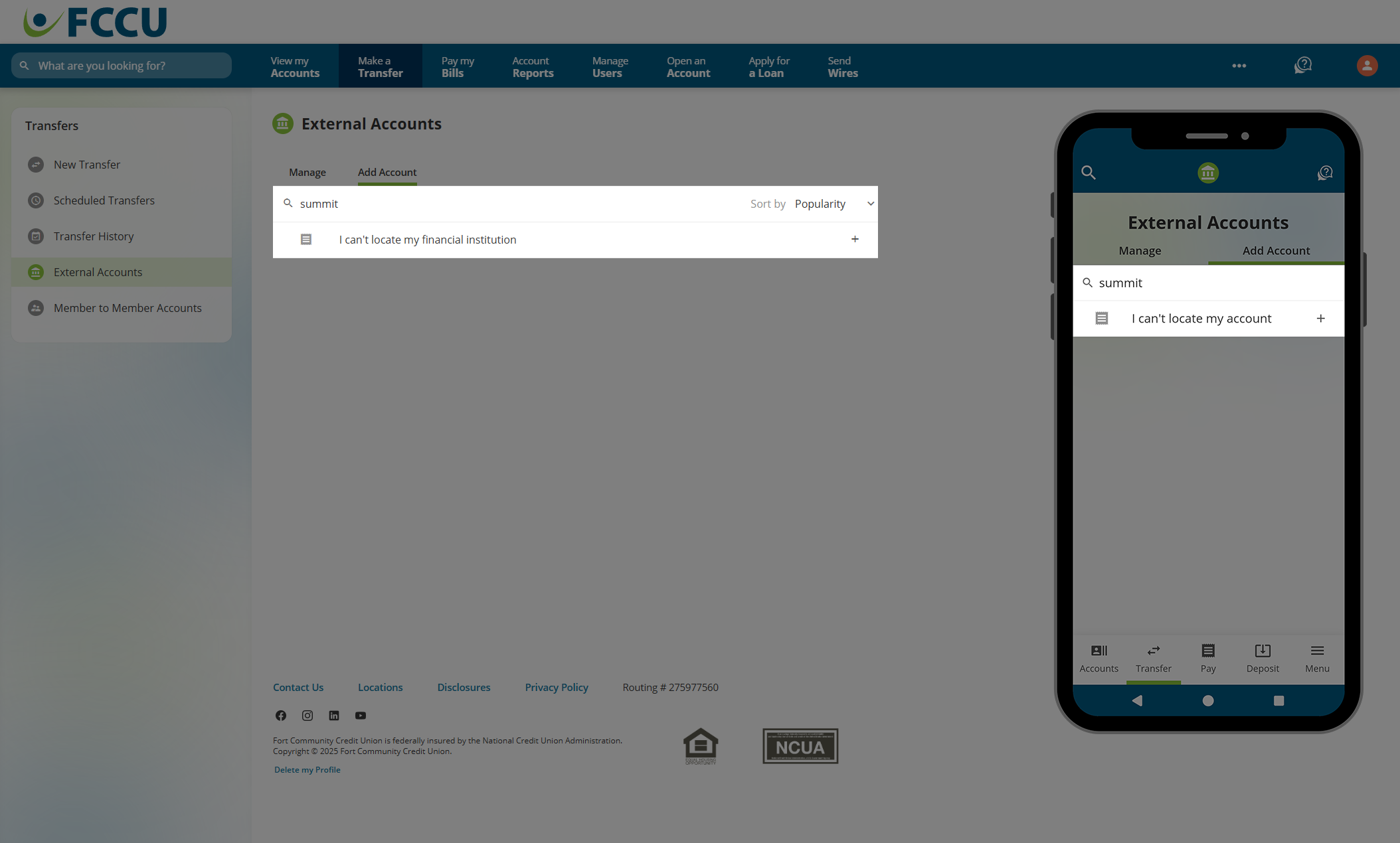 Screenshot of digital banking 'External Accounts' page.