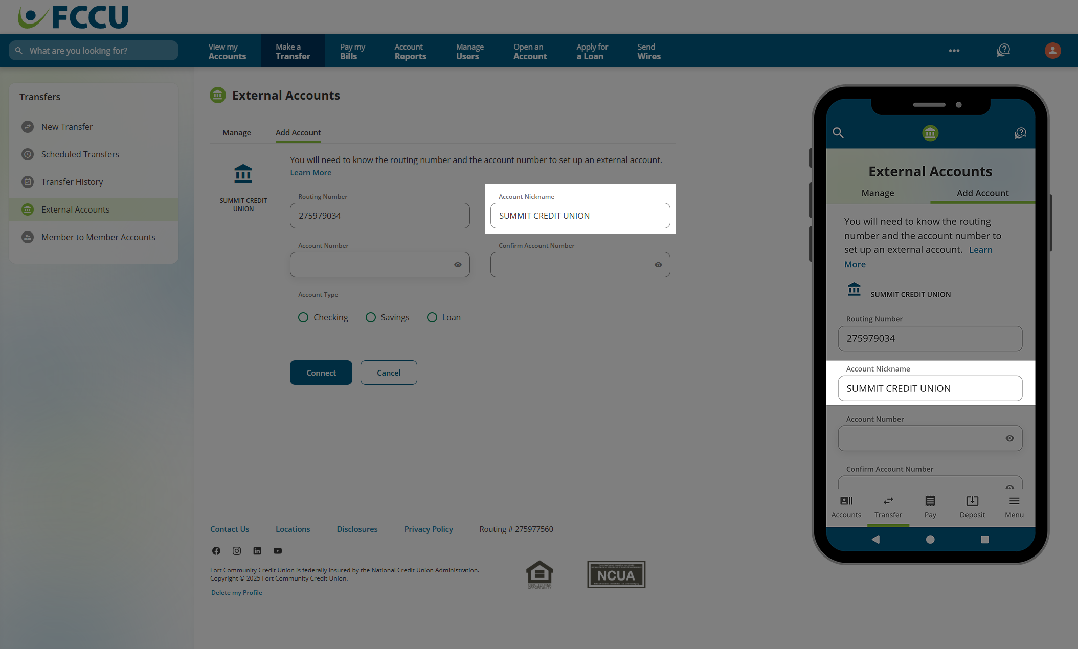 Screenshot of digital banking 'External Accounts' page.