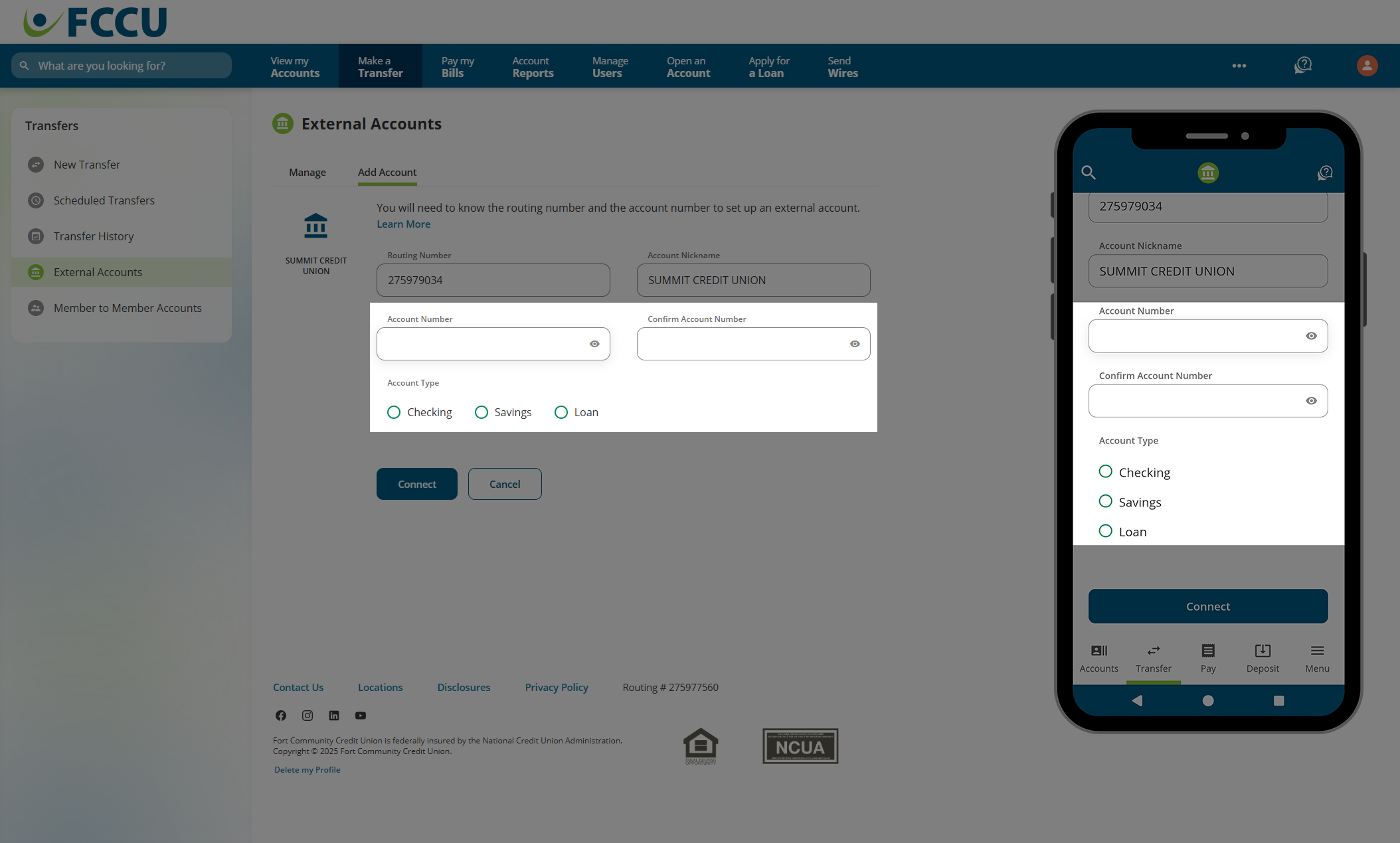 Screenshot of digital banking 'External Accounts' page.