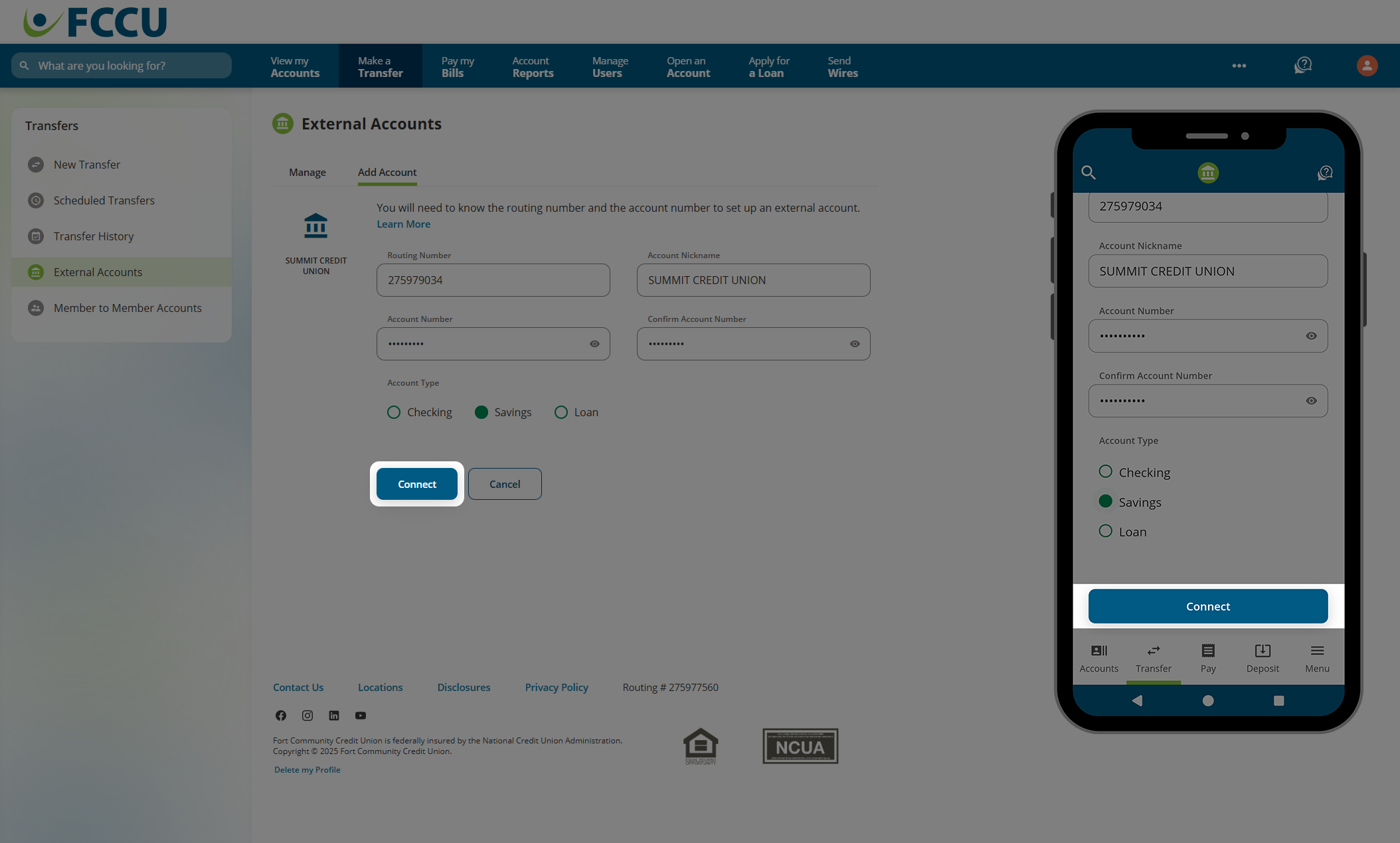 Screenshot of digital banking 'External Accounts' page.
