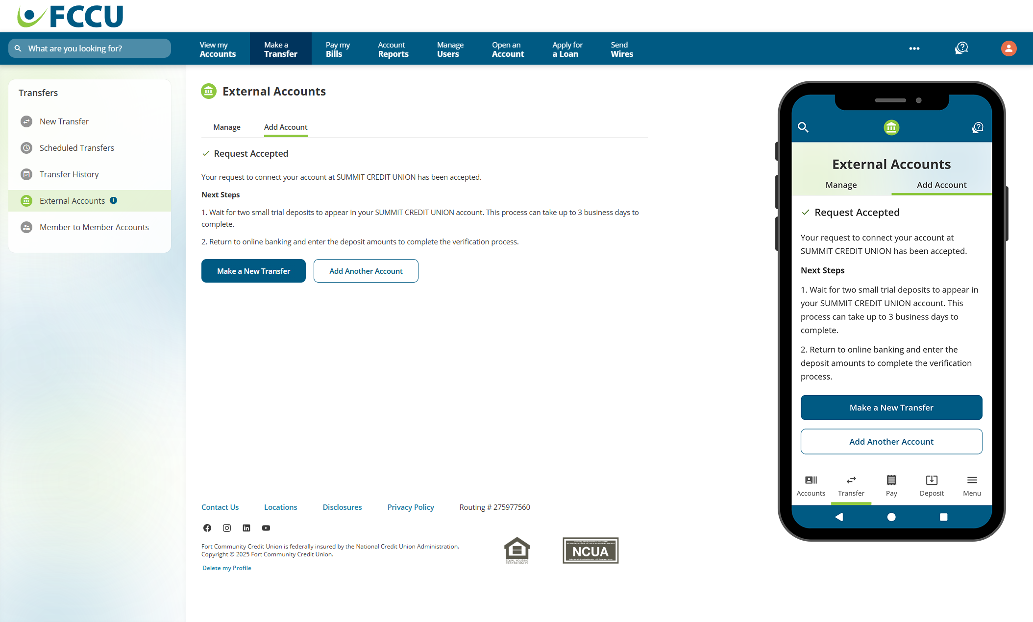 Screenshot of digital banking 'External Accounts' page.