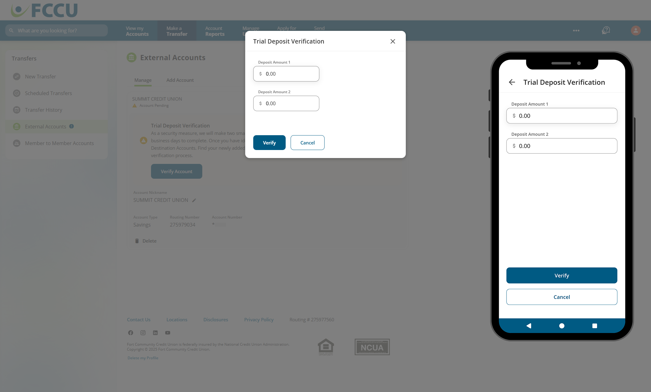 Screenshot of digital banking 'External Accounts' page.