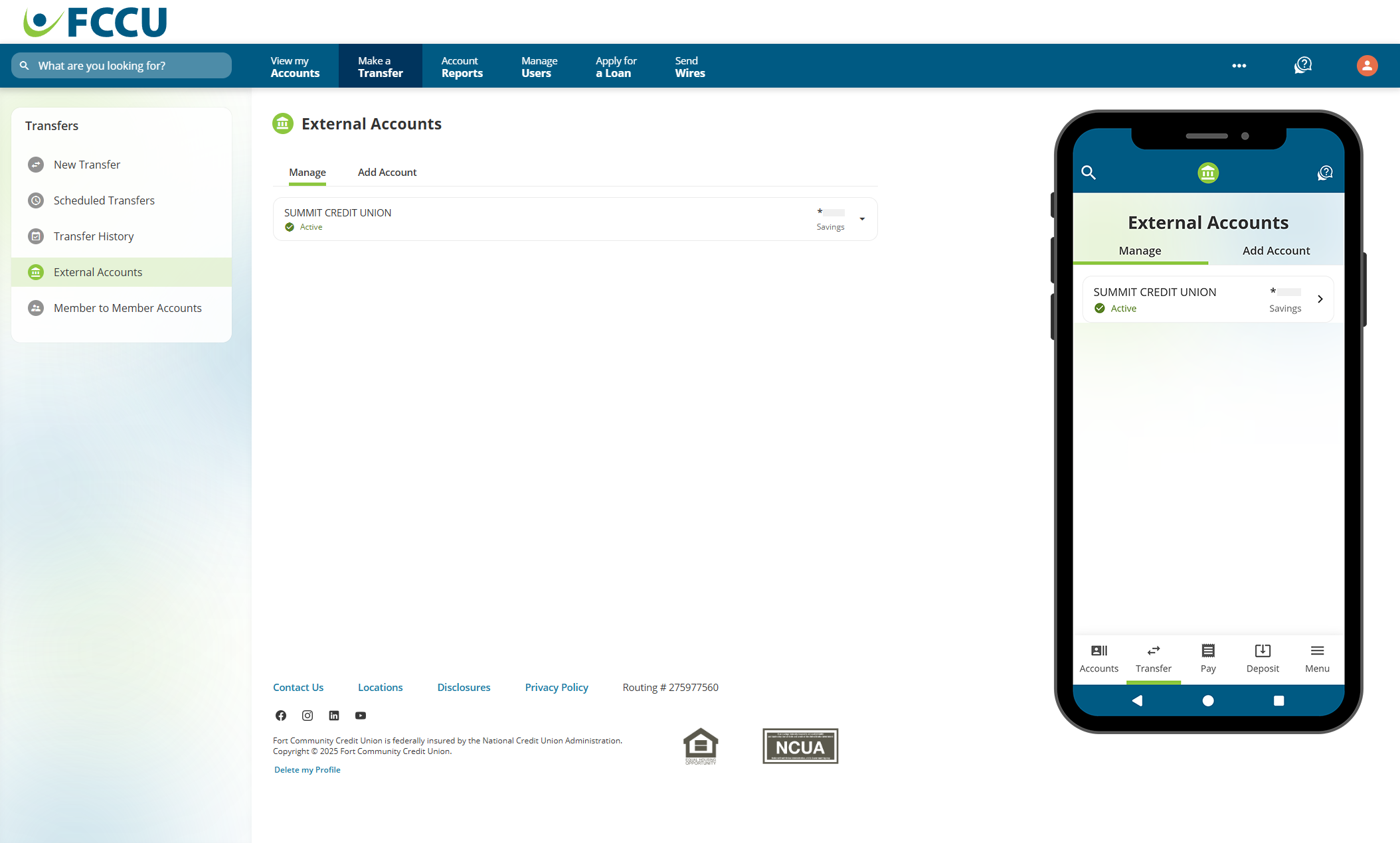Screenshot of digital banking 'External Accounts' page.