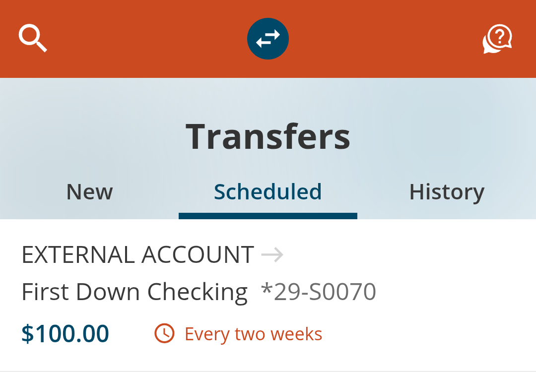 Screenshot of Transfers screen on FCCU Mobile App.