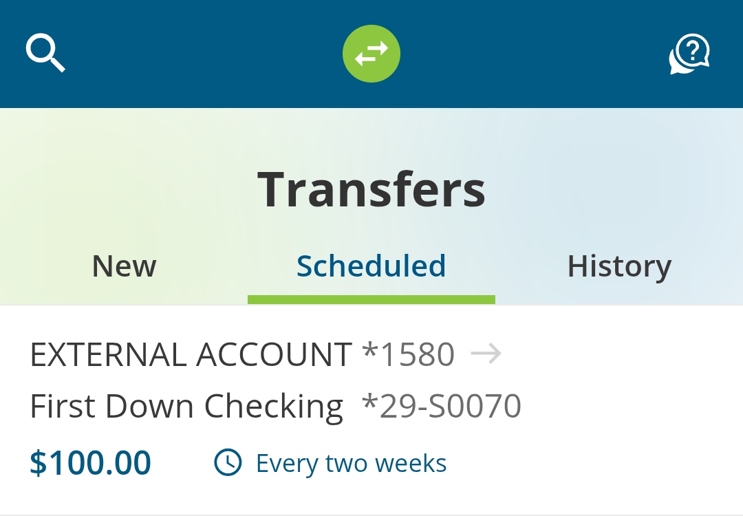 Screenshot of Transfers screen on FCCU Mobile App.