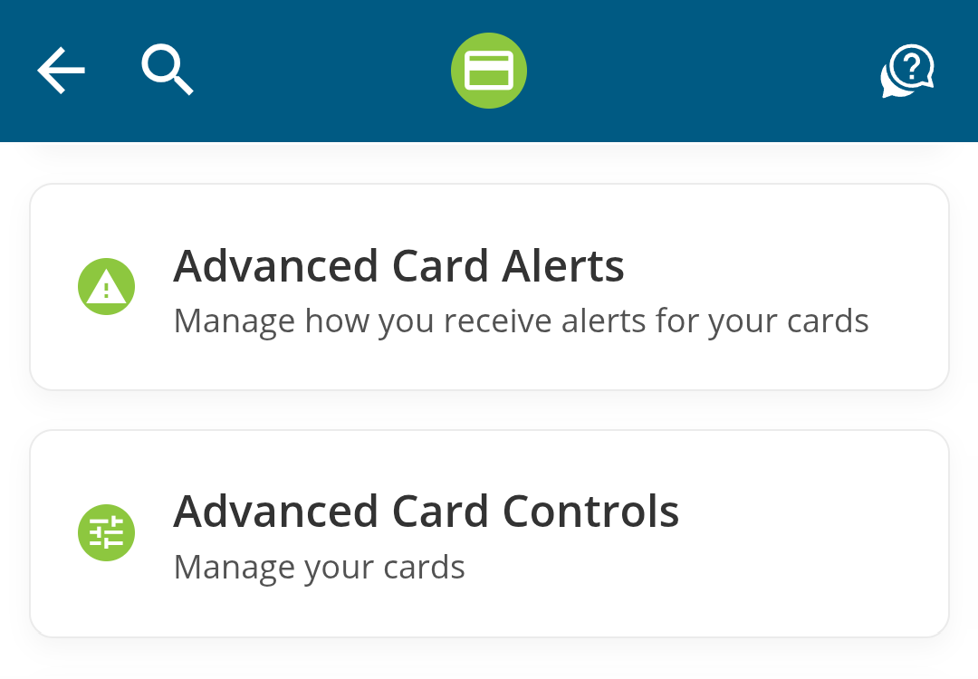 Screenshot of Cards screen on FCCU Mobile App.