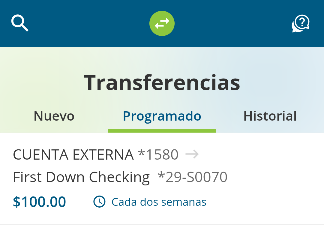 Captura de pantalla de la pantalla Transferencias en la aplicación móvil de FCCU.