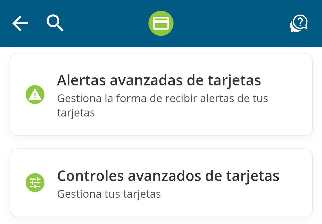 Captura de pantalla de la pantalla Tarjetas en la aplicación móvil FCCU.