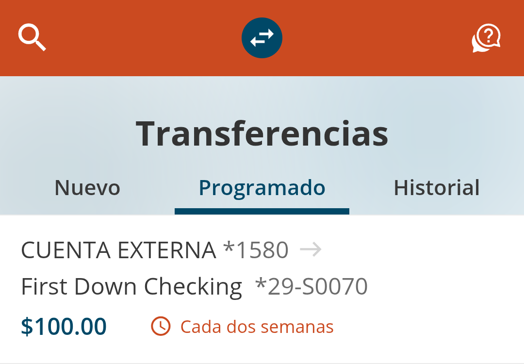 Captura de pantalla de la pantalla Transferencias en la aplicación móvil de FCCU.