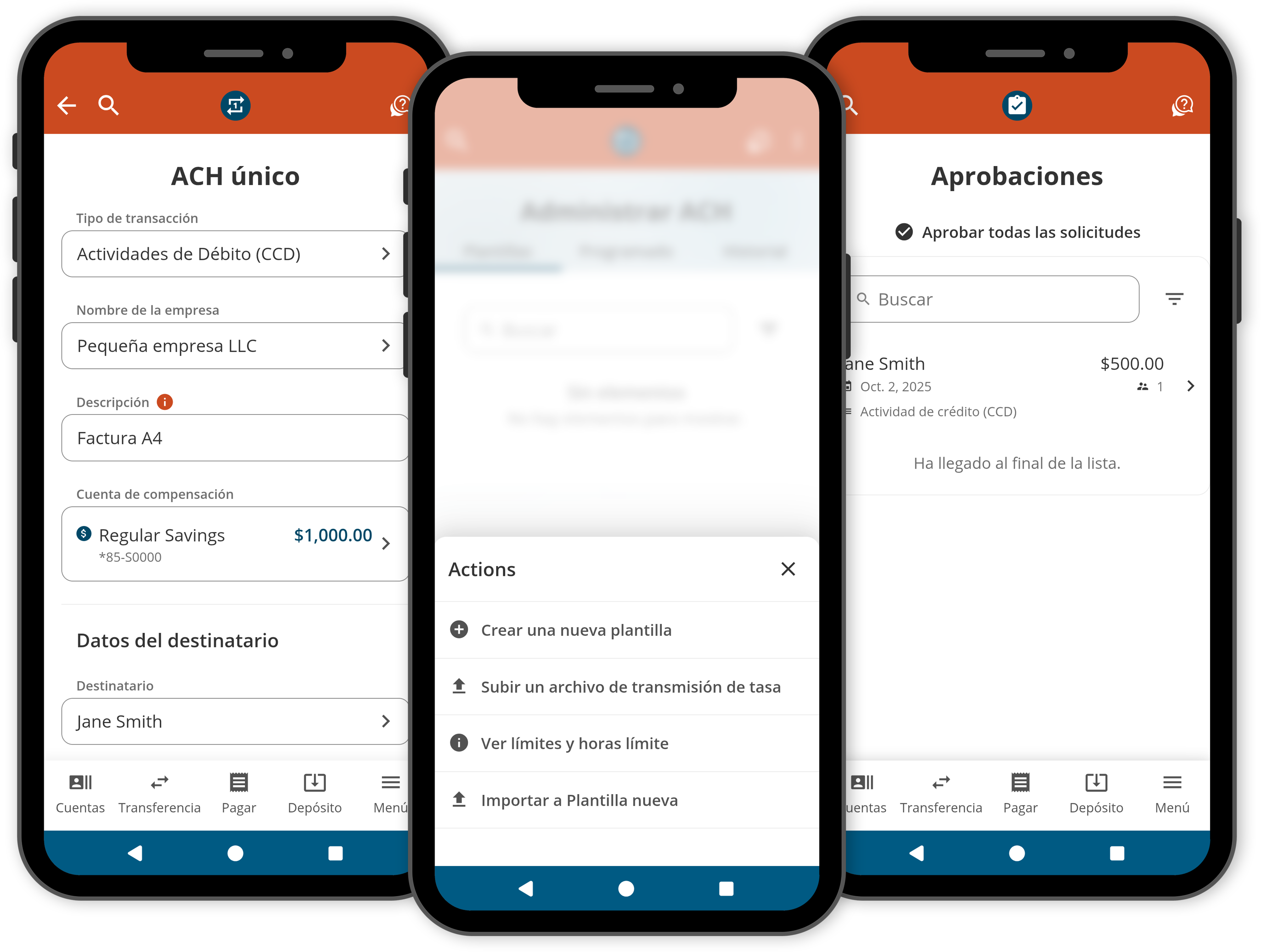 3 teléfonos inteligentes que muestran la aplicación móvil FCCU.